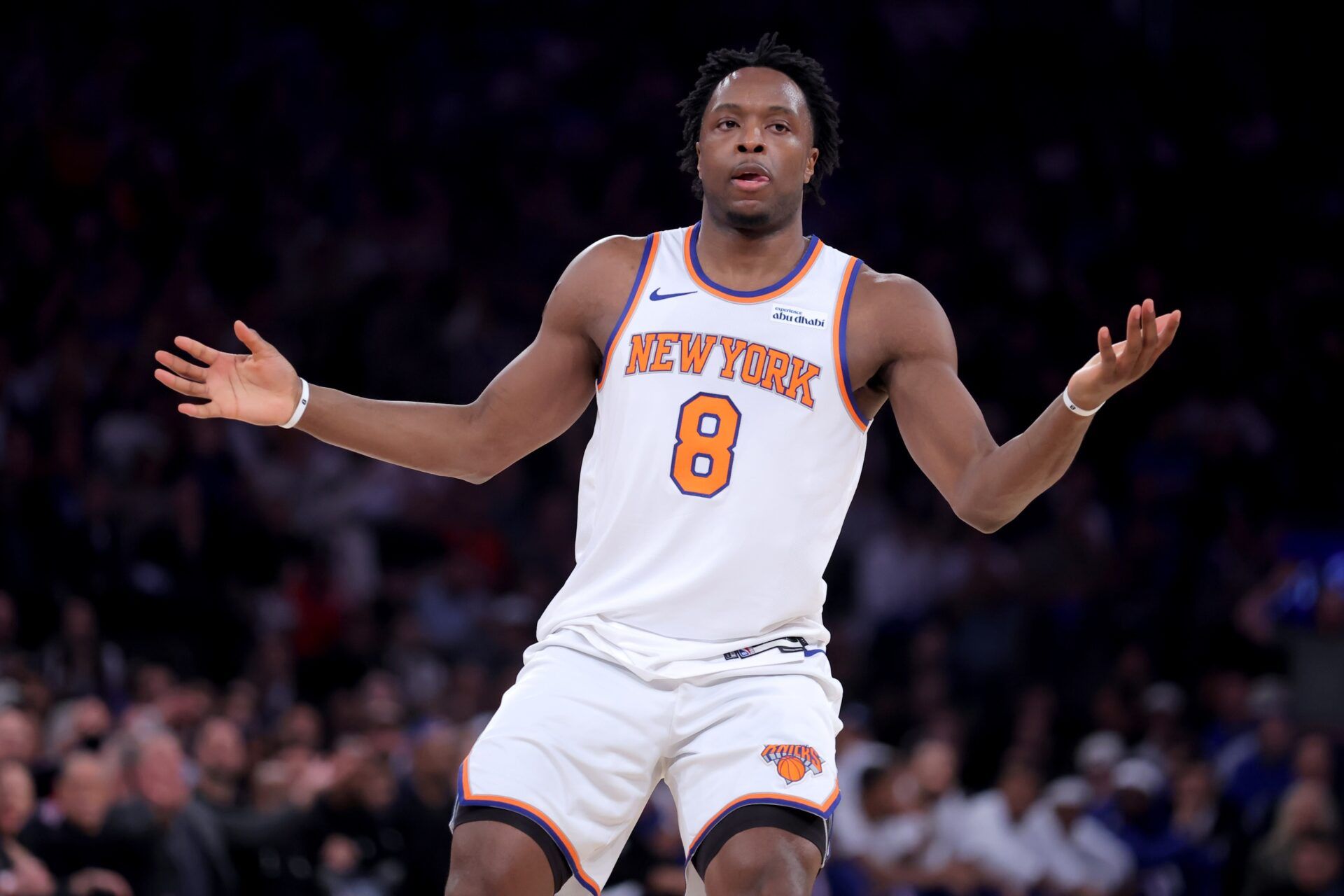 New York Knicks forward OG Anunoby (8) reacts after a three point shot during the first quarter of game one of the eastern conference semifinal round of the 2026 NBA Playoffs against the Philadelphia 76ers at Madison Square Garden.