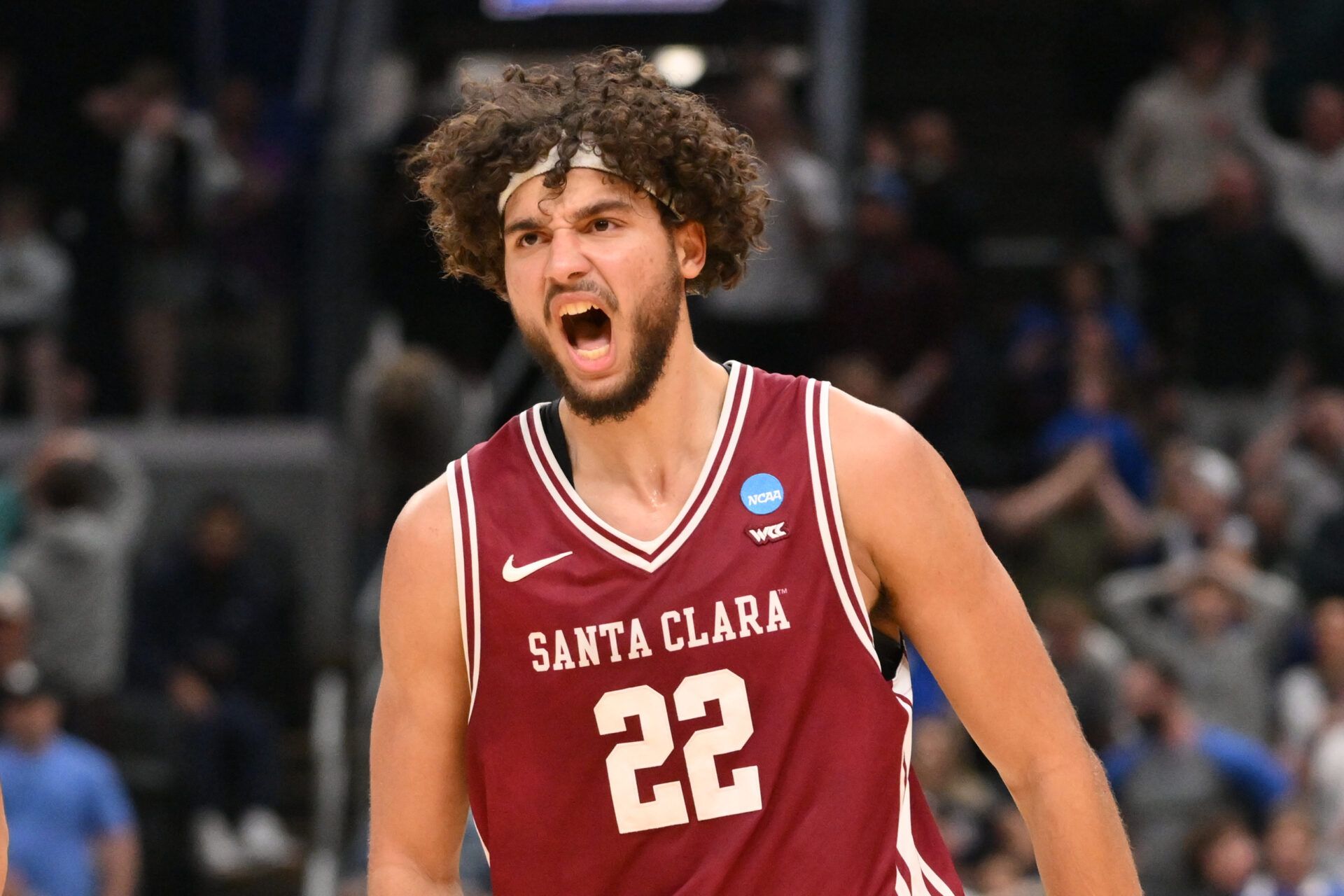 Santa Clara Broncos forward Allen Graves (22) reacts after making a basket against the Kentucky Wildcats during the second half of a first round game of the men's 2026 NCAA Tournament at Enterprise Center.