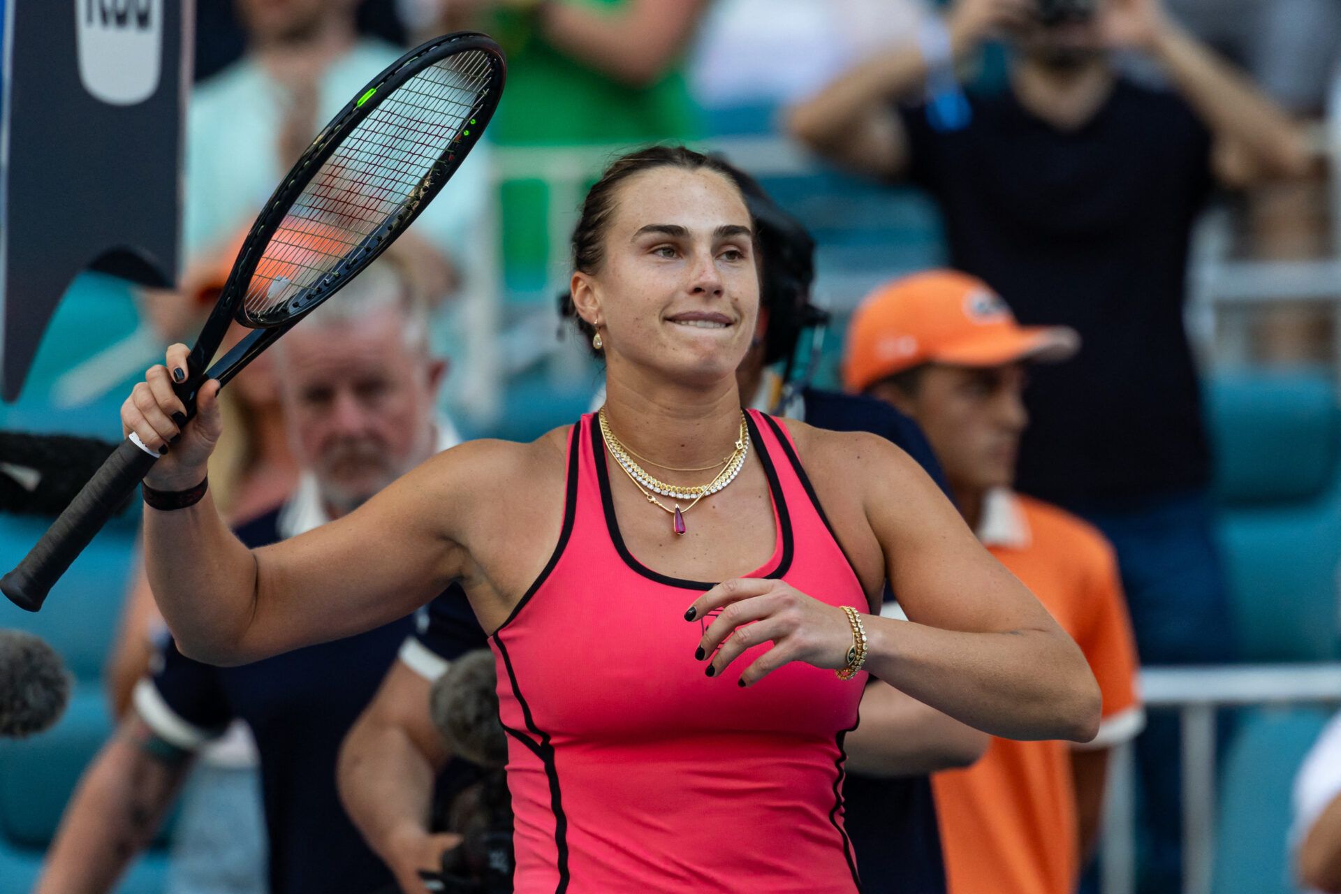 Aryna Sabalenka of Belarus celebrates beating Coco Gauff of the United States in the final of the women’s singles at the Hard Rock Stadium.