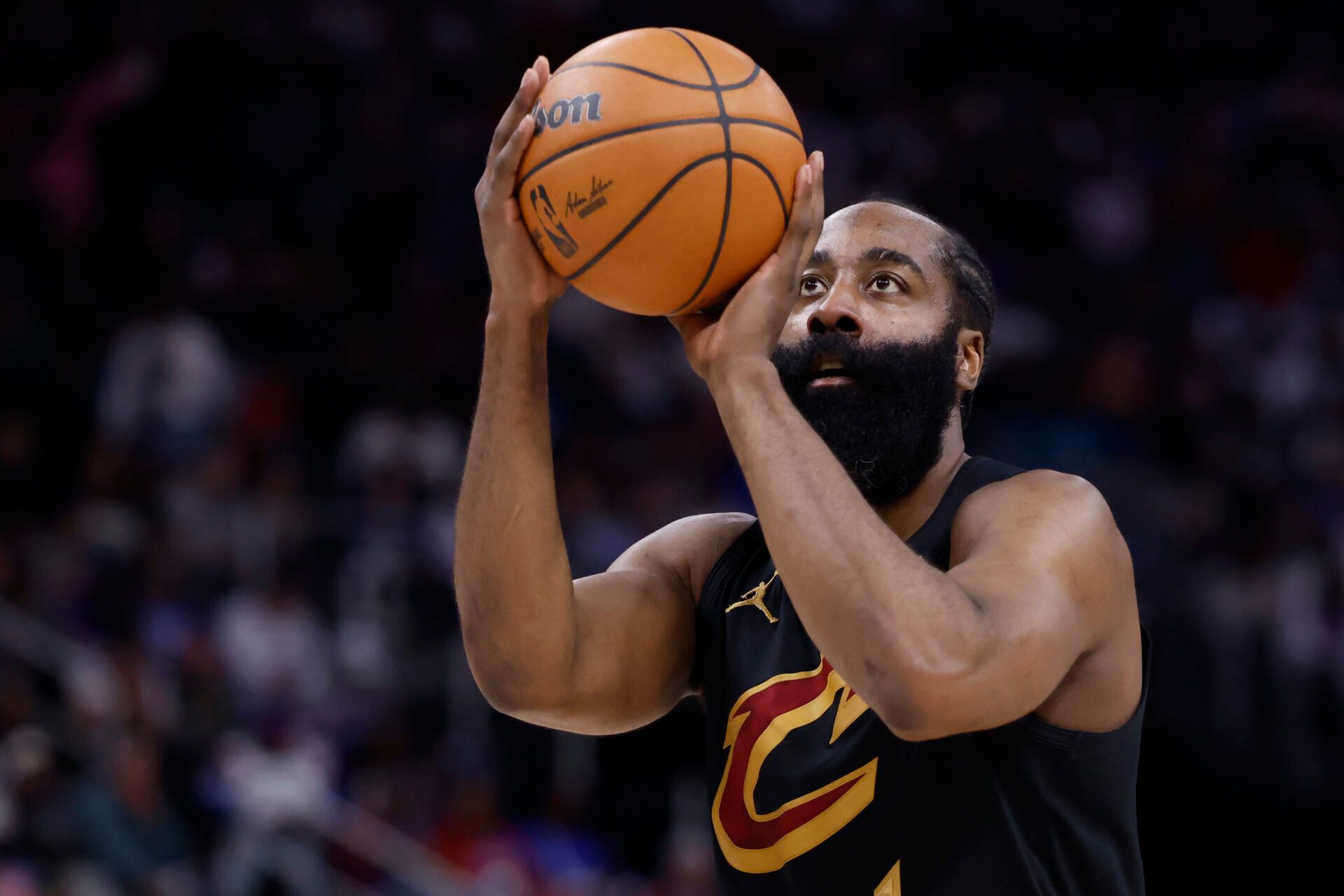 Cleveland Cavaliers guard James Harden (1) shoots in the first half against the Detroit Pistons during game two of the second round of the 2026 NBA Playoffs at Little Caesars Arena.
