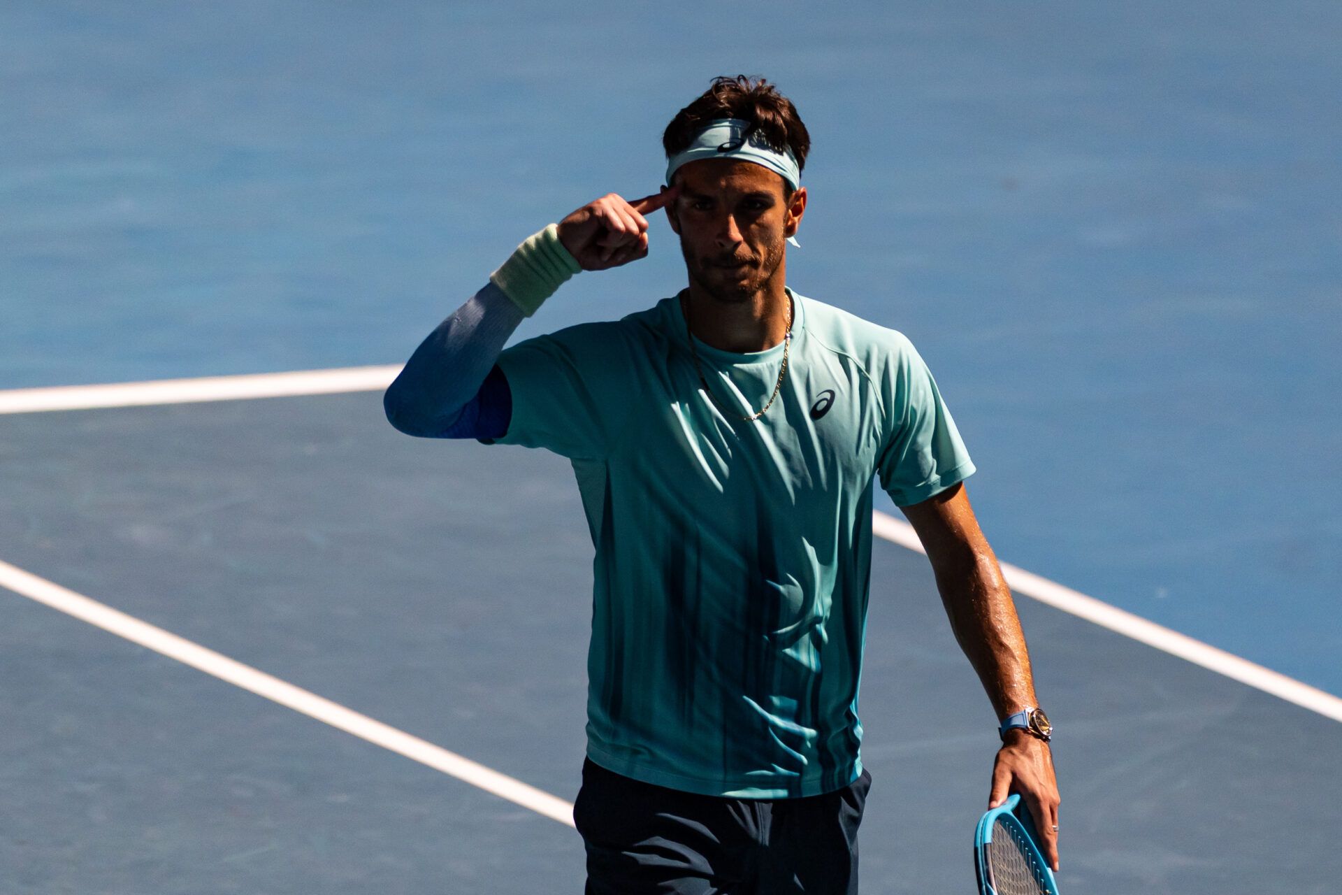 Lorenzo Musetti of Italy celebrate his victory over Taylor Fritz of United States in the fourth round of the mens singles at the Australian Open at Rod Laver Arena in Melbourne Park.
