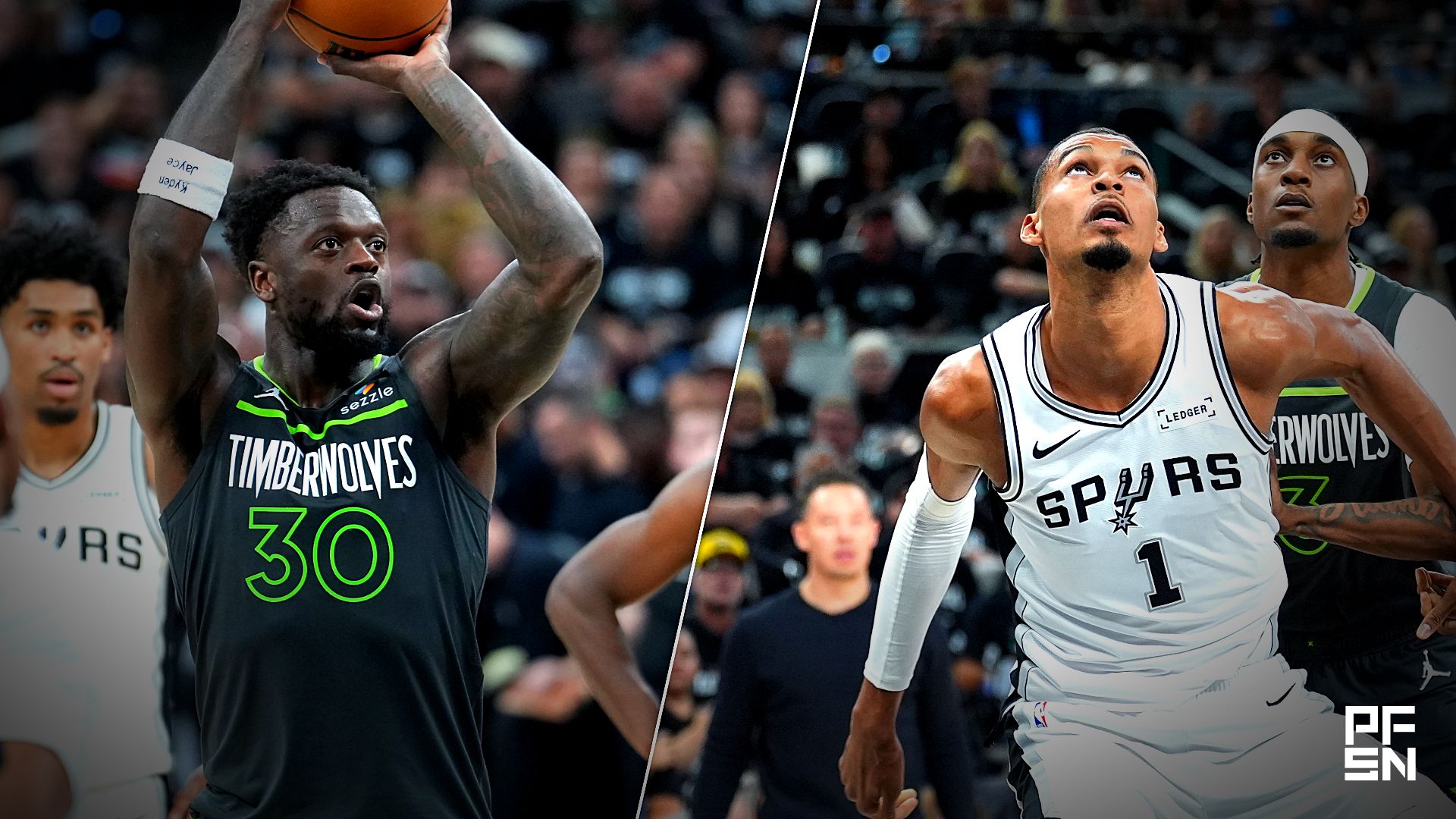 Collage featuring NBA: Playoffs-Minnesota Timberwolves at San Antonio Spurs and NBA: Playoffs-Minnesota Timberwolves at San Antonio Spurs.
Daniel Dunn-Imagn Images