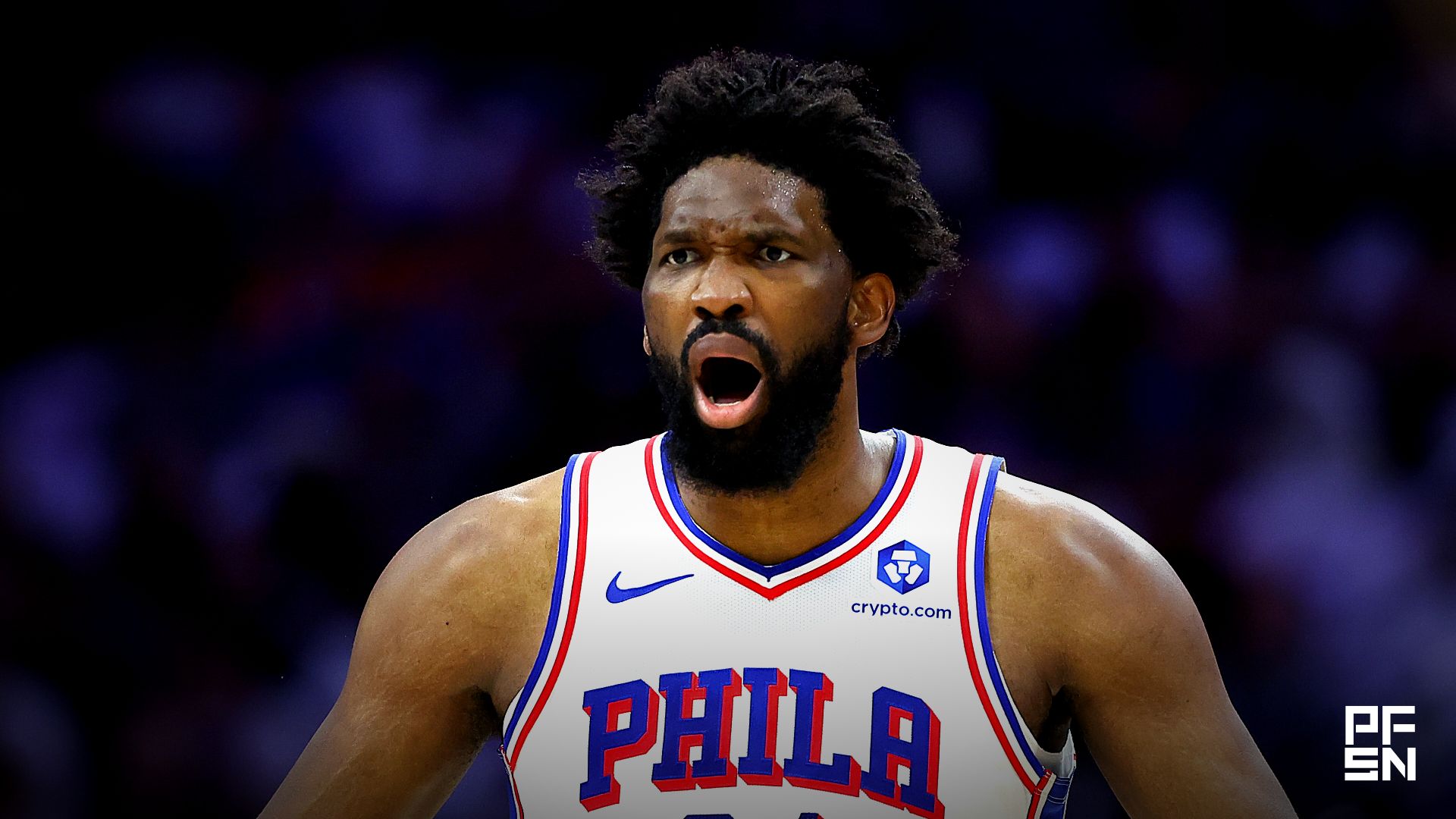 Philadelphia 76ers center Joel Embiid (21) reacts to a play against the New York Knicks during the first quarter of game three of the second round of the 2026 NBA Playoffs at Xfinity Mobile Arena.