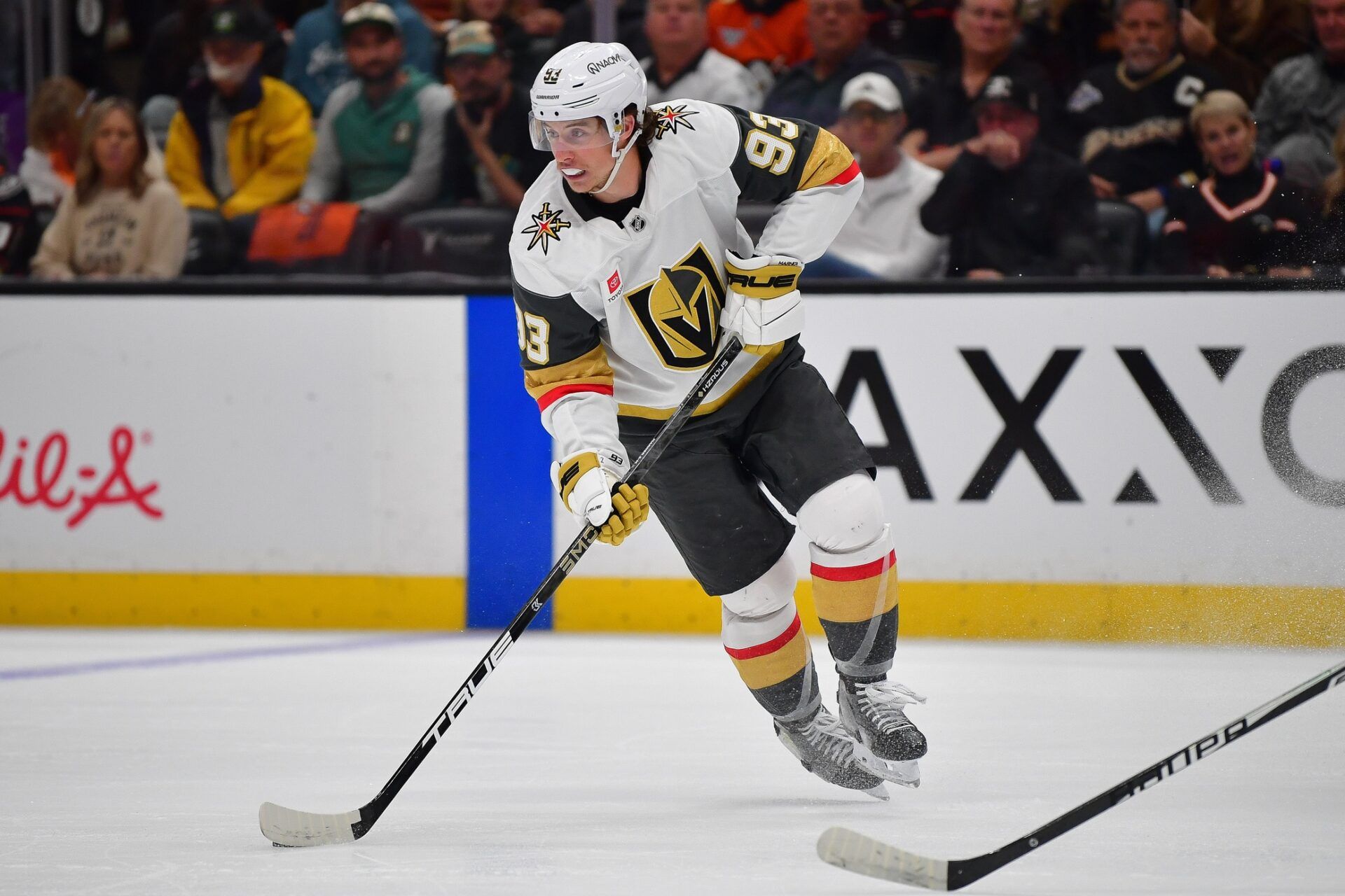 Vegas Golden Knights right wing Mitch Marner (93) moves the puck against the Anaheim Ducks during the first period in game three of the second round of the 2026 Stanley Cup Playoffs at Honda Center.