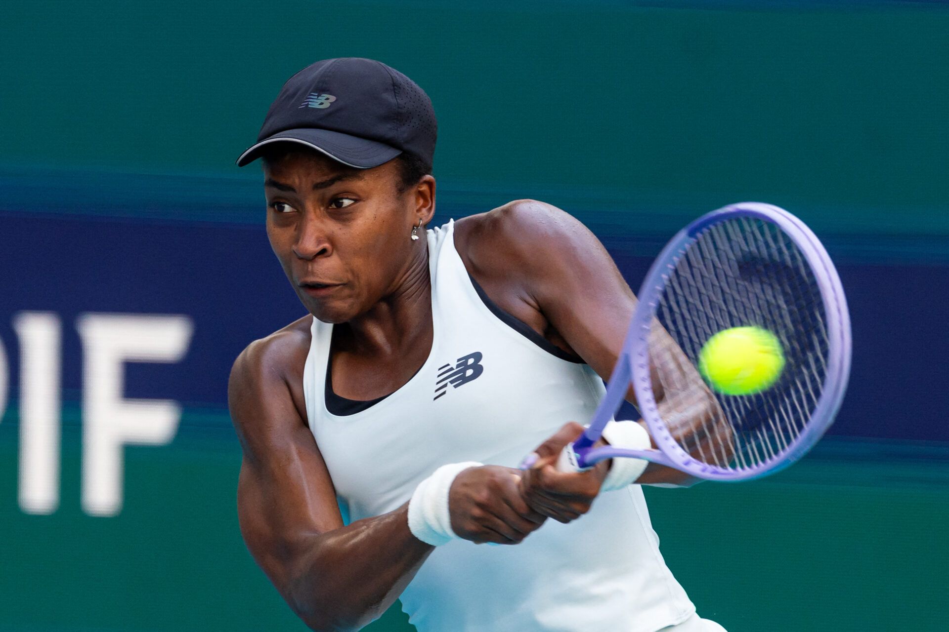 Coco Gauff of the United States hits a backhand against Aryna Sabalenka of Belarus in the final of the women’s singles at the Hard Rock Stadium.