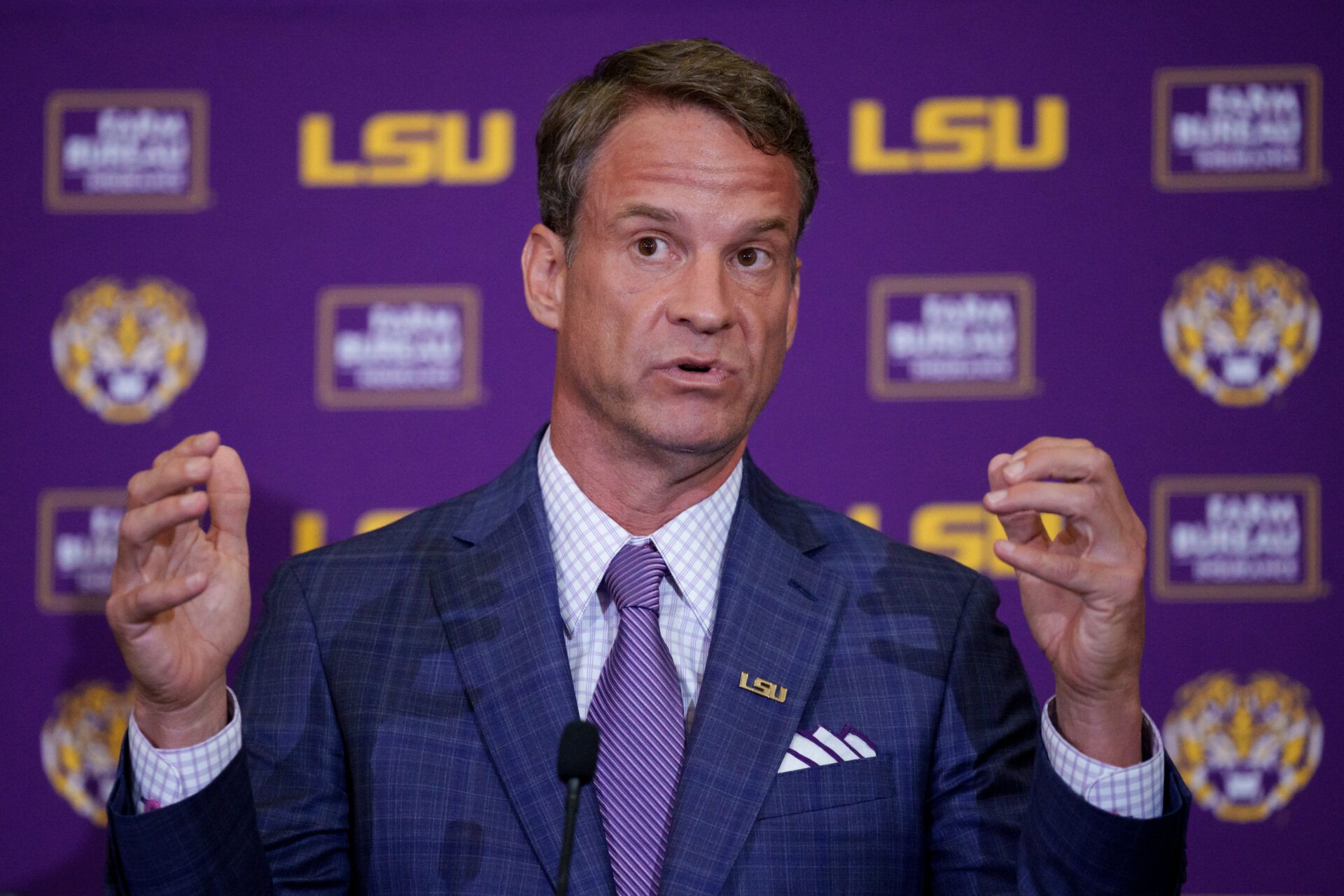 LSU new head coach Lane Kiffin speaks at South Stadium Club at Tiger Stadium.