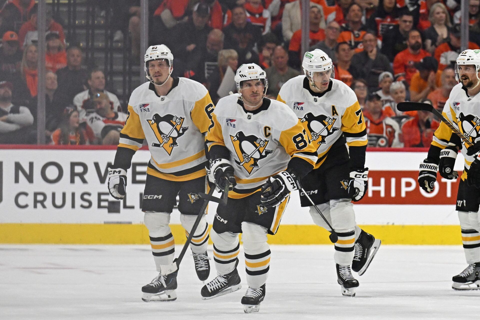 Pittsburgh Penguins center Sidney Crosby (87) skates back to the bench after scoring a goal against the Philadelphia Flyers during the first period in game four of the first round of the 2026 Stanley Cup Playoffs at Xfinity Mobile Arena.