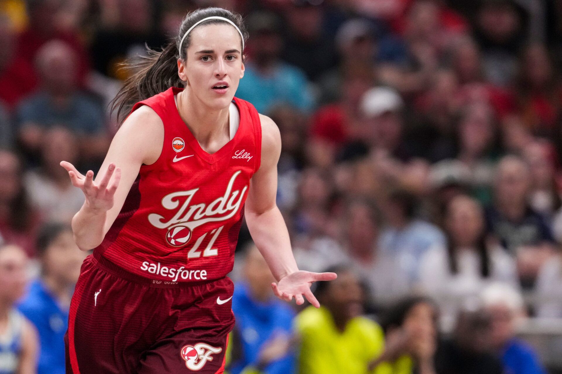 Indiana Fever guard Caitlin Clark (22) reacts to the action Saturday, May 9, 2026, during the first half of the Fevers season opener game at Gainbridge FIeldhouse in Indianapolis.