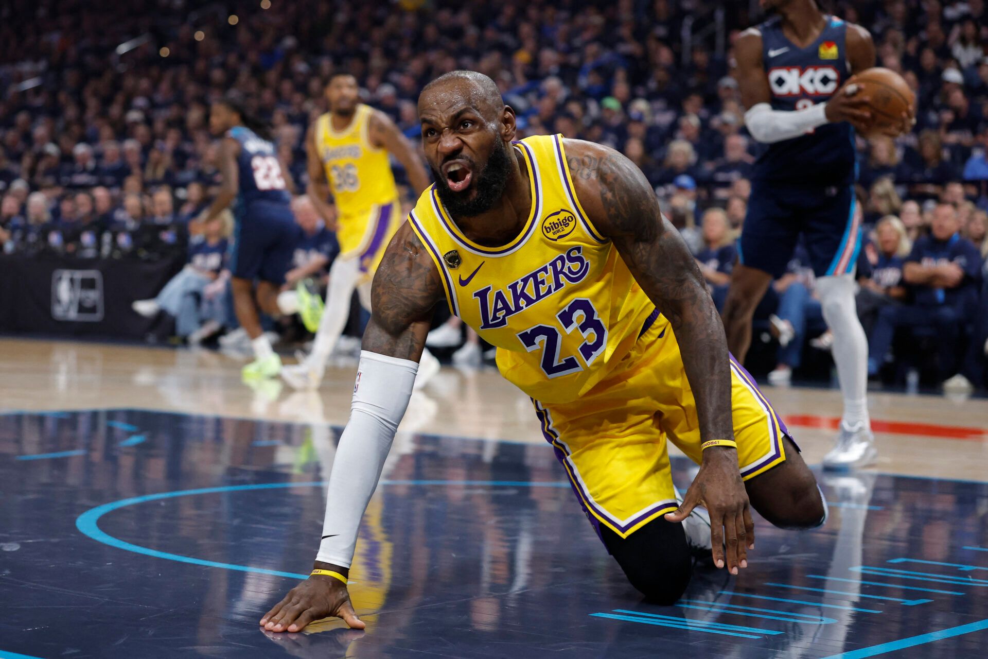 Los Angeles Lakers forward LeBron James (23) reacts after a play against the Oklahoma City Thunder in the first half during game two of the second round of the 2026 NBA Playoffs at Paycom Center.