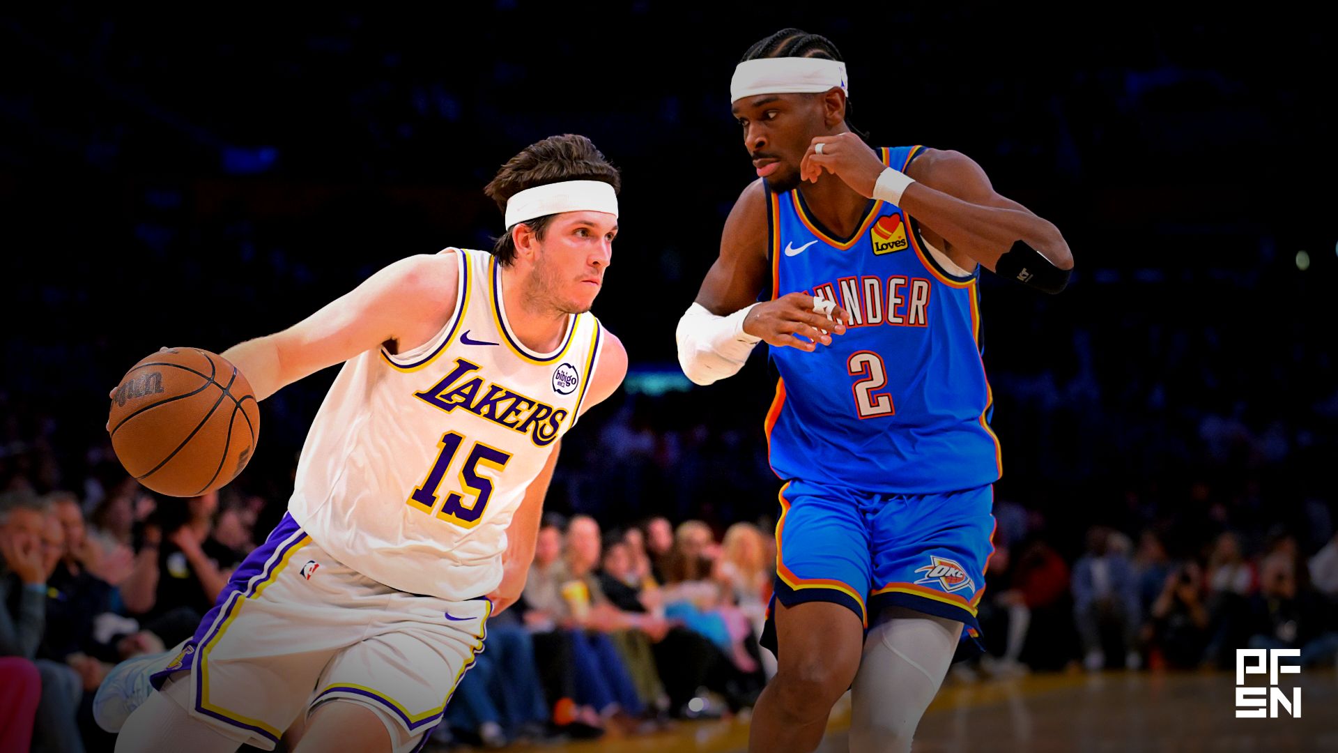 Los Angeles Lakers guard Austin Reaves (15) is defended by Oklahoma City Thunder guard Shai Gilgeous-Alexander (2) in the first half of game three of the second round of the 2026 NBA Playoffs at Crypto.com Arena.