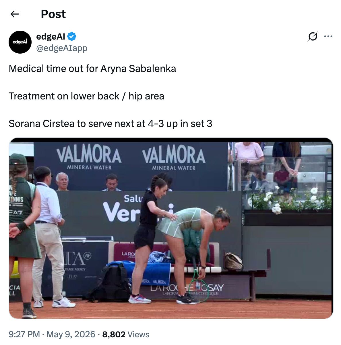 Aryna Sabalenka's Medical Timeout at the Italian Open
