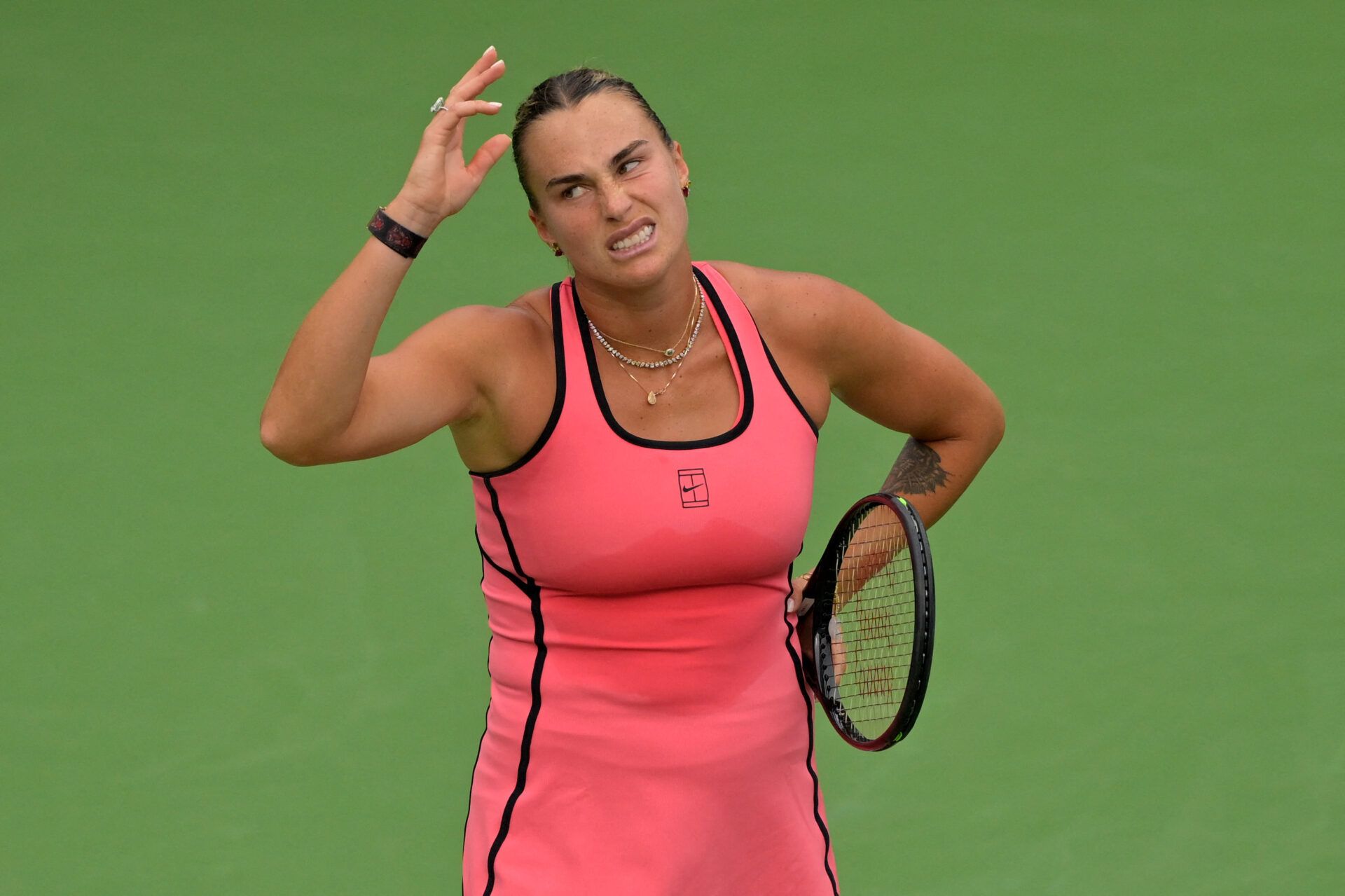 Aryna Sabalenka (BEL) reacts after missing a point in her the semi final match defeating Linda Noskova (CZE) during the BNP Paribas Open at the Indian Wells Tennis Garden.