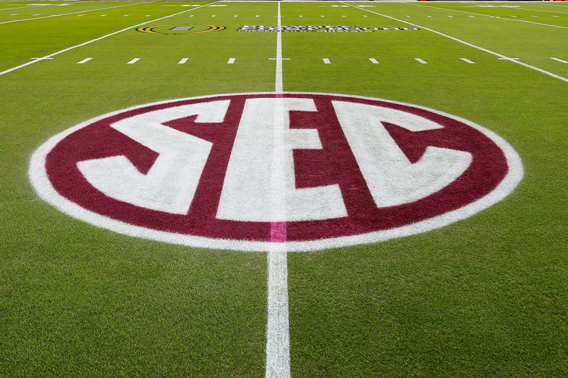 A detail view of the SEC logo at Kyle Field prior to the game between the Miami Hurricanes and the Texas A&M Aggies.