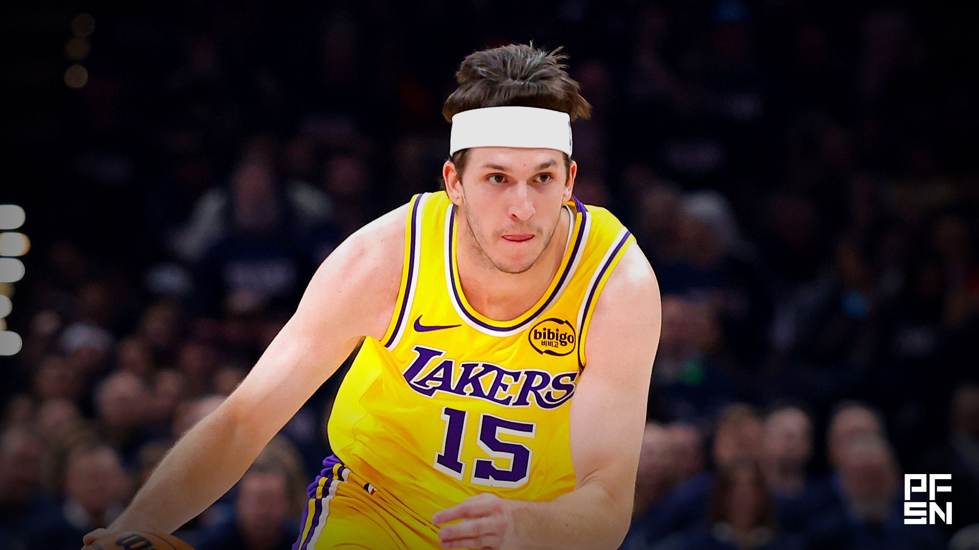 Los Angeles Lakers guard Austin Reaves (15) dribbles down the court against the Oklahoma City Thunder in the first half during game two of the second round of the 2026 NBA Playoffs at Paycom Center.
