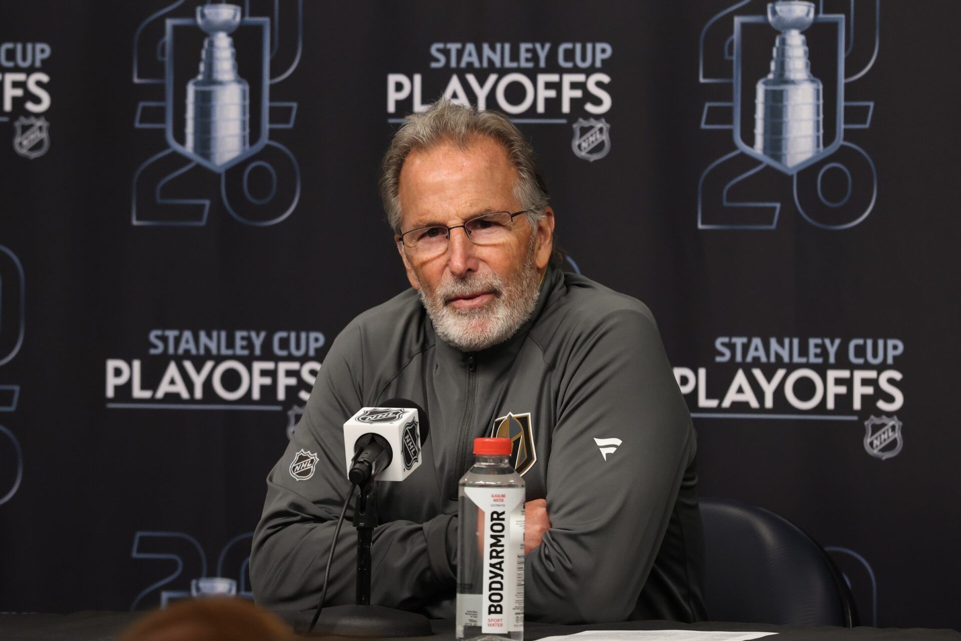 Vegas Golden Knights head coach John Tortorella addresses the media after game six of the first round of the 2026 Stanley Cup Playoffs against the Utah Mammoth at Delta Center.