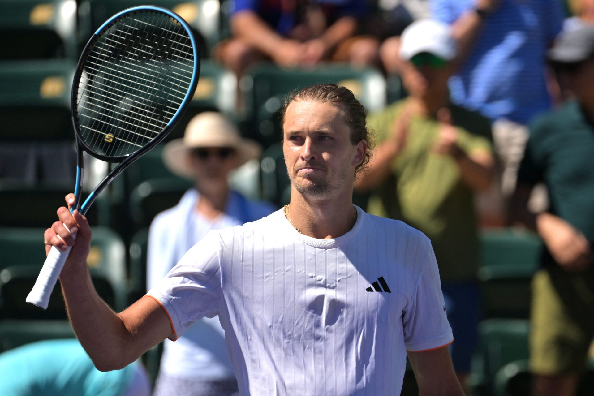 Alexander Zverev (GER) acknowledges the crowd after his quarterfinal match where he defeated Arthur Fils (FRA) during the BNP Paribas Open at the Indian Wells Tennis Garden.