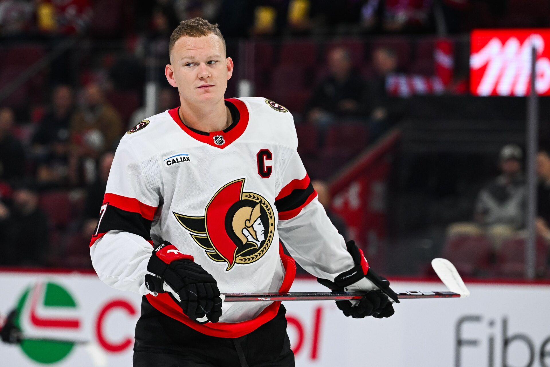 Ottawa Senators left wing Brady Tkachuk (7) looks on during warm-up before a game against the Montreal Canadiens at Bell Centre.