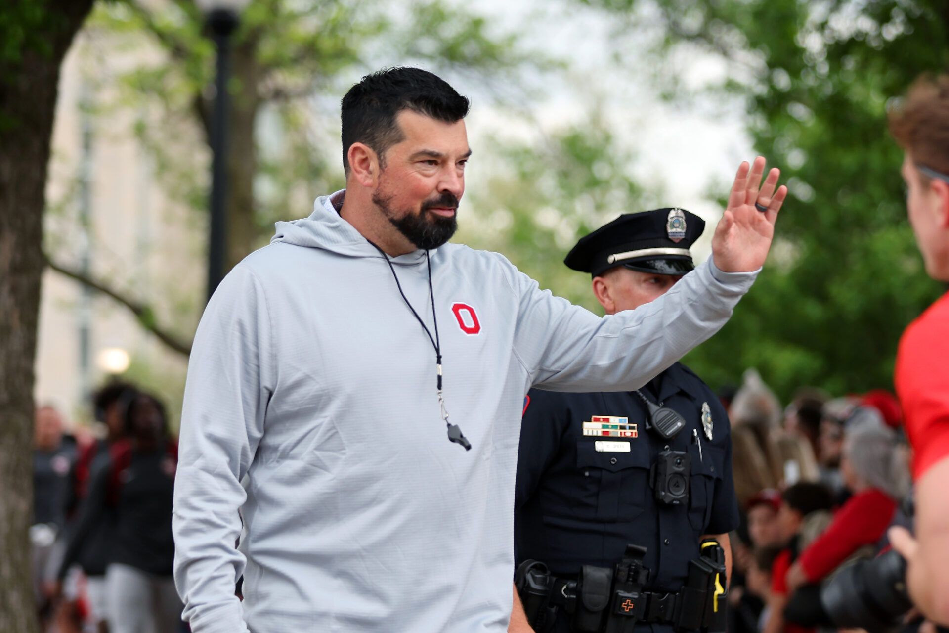 Ohio State head coach Ryan Day greets fans before the annual spring game at Ohio Stadium.