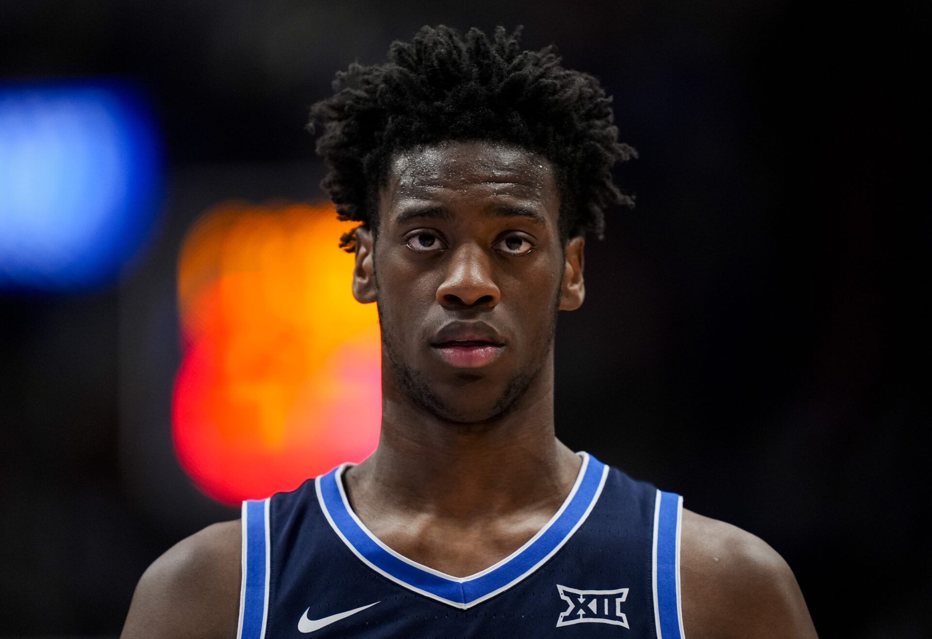 BYU Cougars forward AJ Dybantsa (3) reacts during the first half against the Kansas Jayhawks at Mizzou Arena.