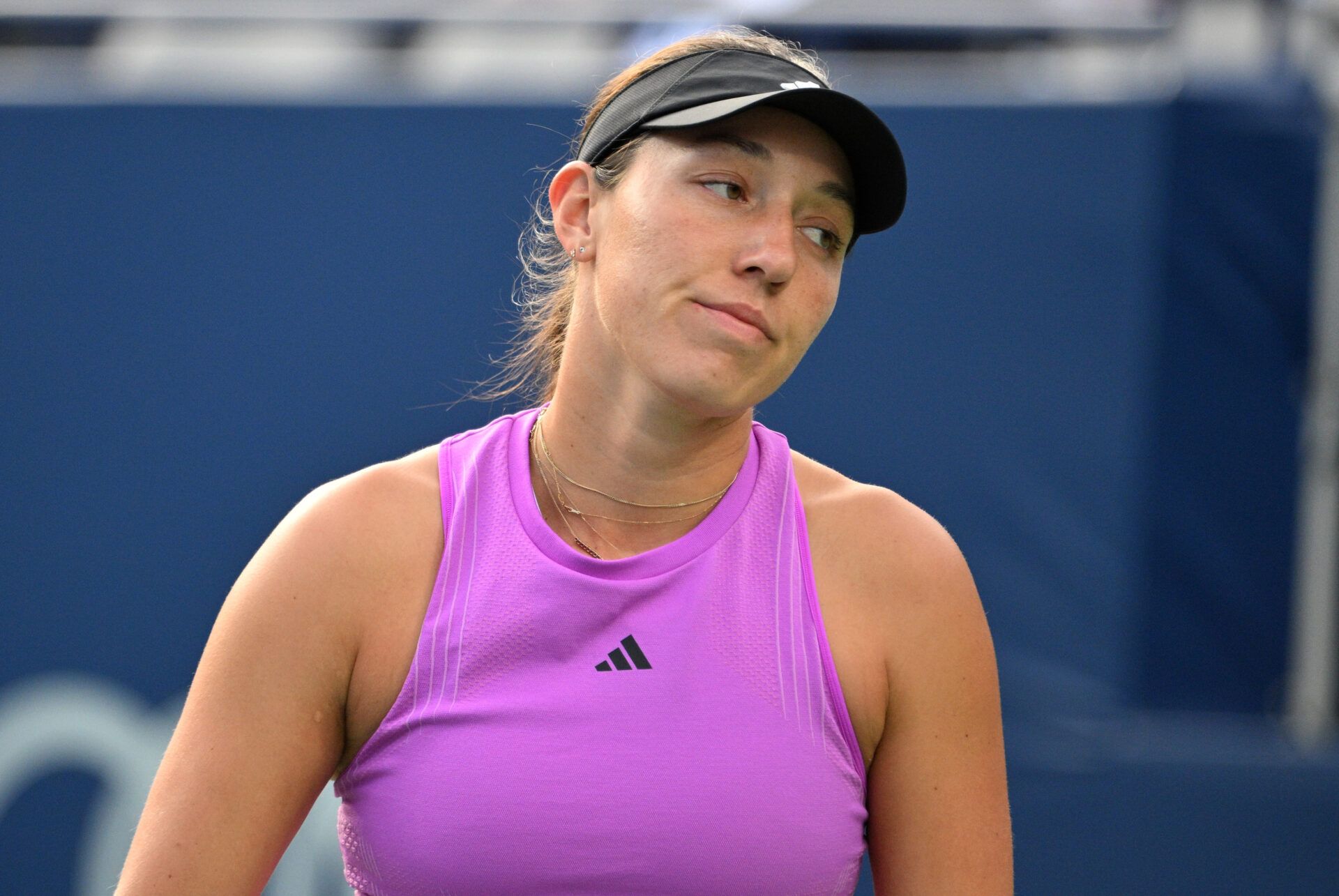Jessica Pegula (USA) reacts after losing a point against Diana Shnaider (not shown) during semi final play at Sobeys Stadium.