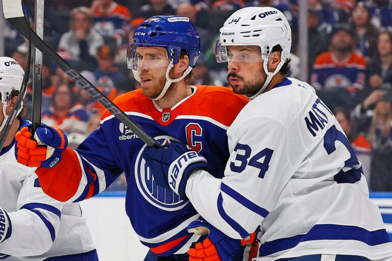 Edmonton Oilers forward Connor McDavid (97) and Toronto Maple Leafs forward Auston Matthews (34) at Rogers Place.