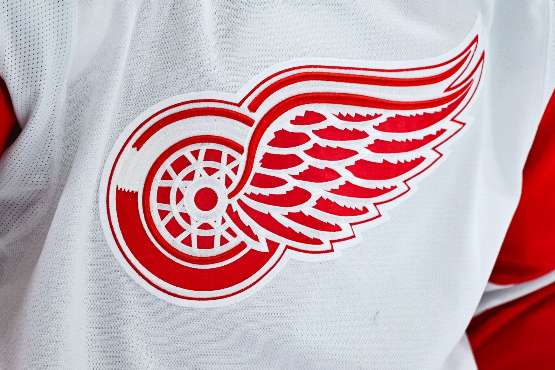 View of a Detroit Red Wings logo on a jersey worn by a member of the team during warm-up before the game against the Montreal Canadiens at Bell Centre.