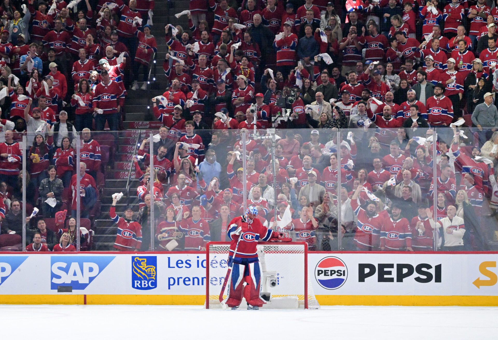 Fans give Montreal Canadiens goalie Jakub Dobes (75) an ovation during the third period against the Buffalo Sabres in game three of the second round of the 2026 Stanley Cup Playoffs at the Bell Centre.