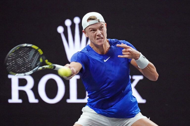 Team Europe player Holger Rune returns a ball from Team World player Francisco Cerundolo during the Laver Cup at Chase Center.