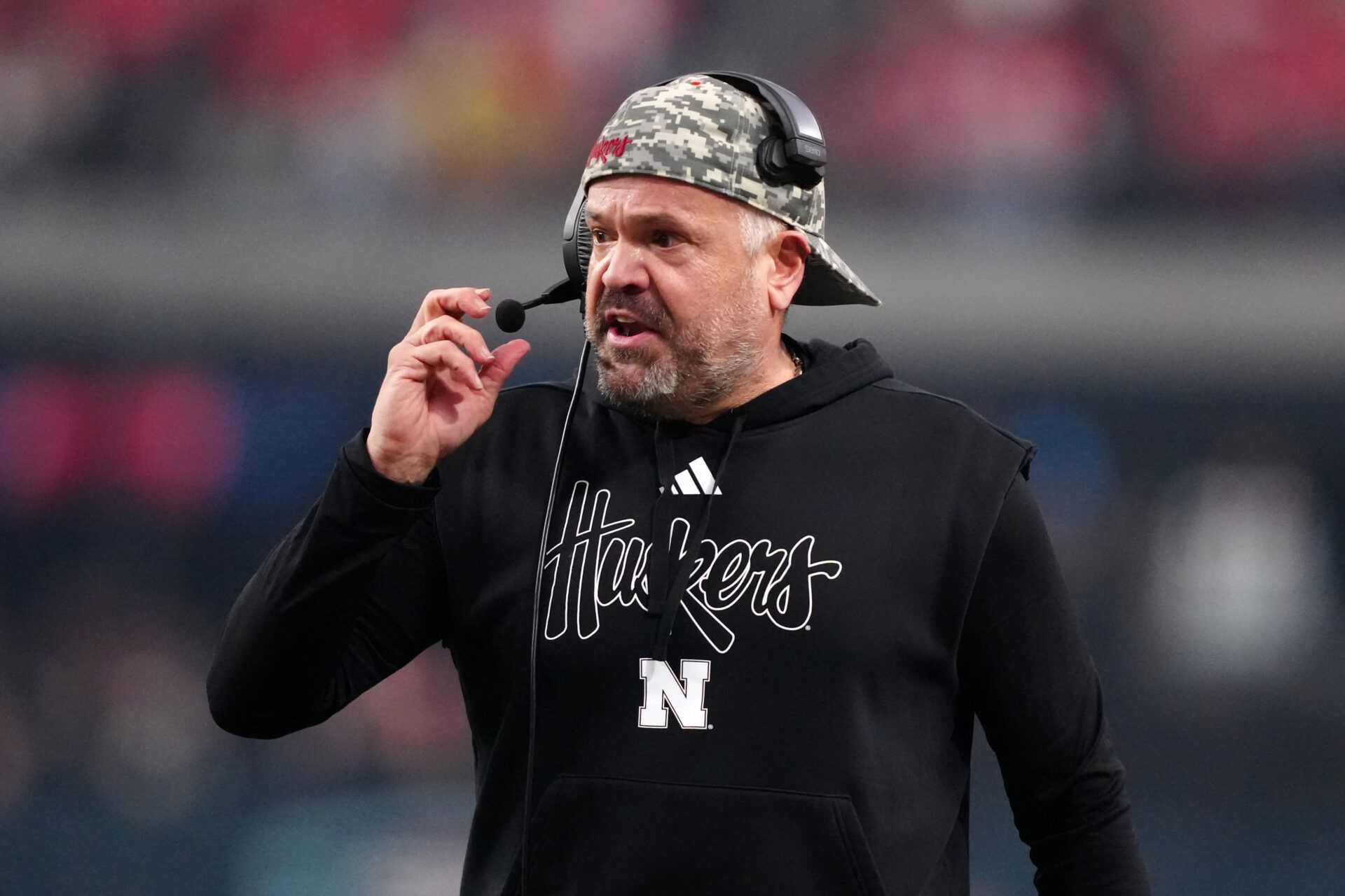 Nebraska Cornhuskers head coach Matt Rhule gestures against the Utah Utes in the first half during the SRS Distribution Las Vegas Bowl at Allegiant Stadium.