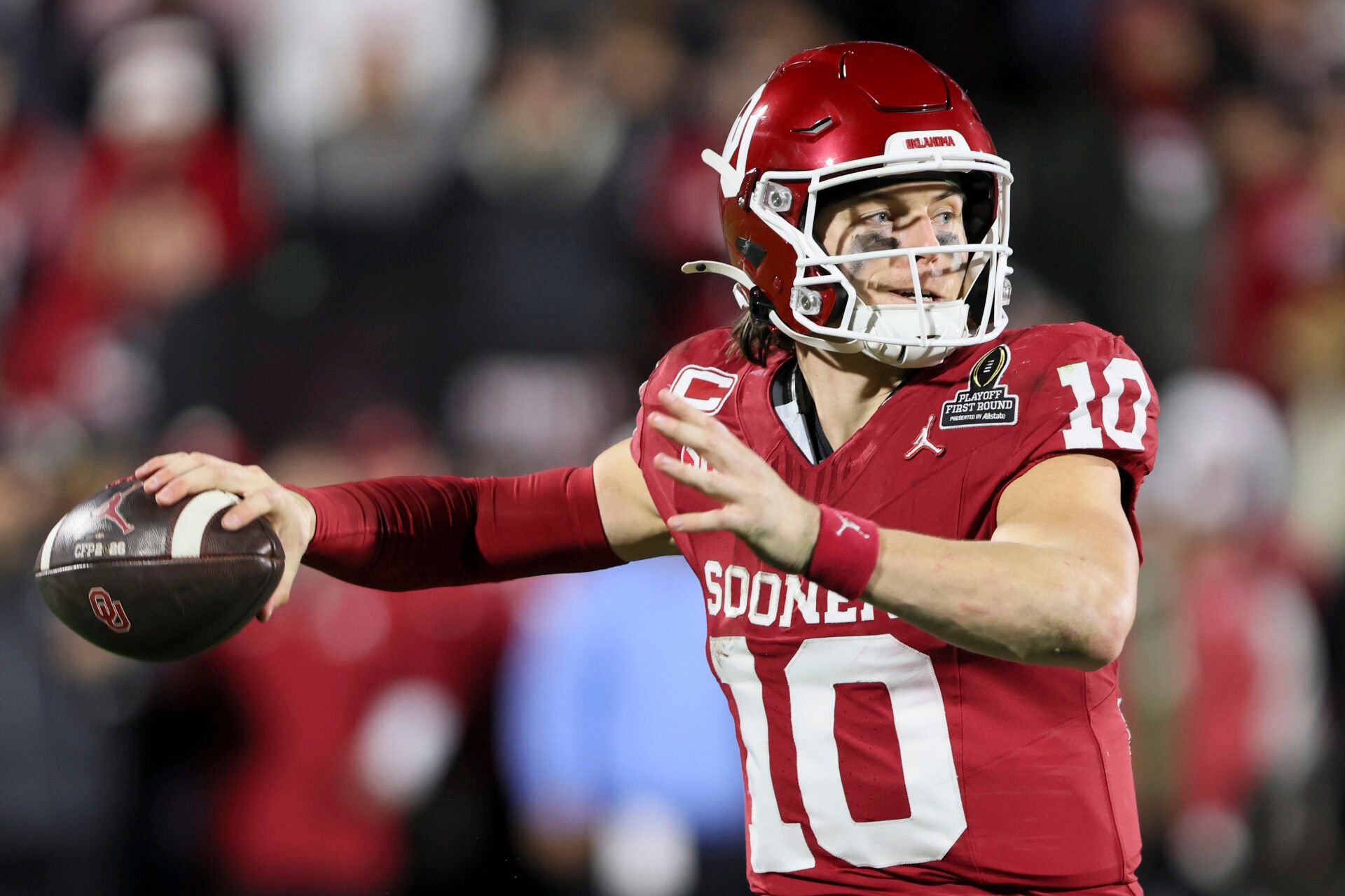 Oklahoma Sooners quarterback John Mateer (10) looks to make a pass in the second half against the Alabama Crimson Tide at Gaylord Family OK Memorial Stadium.