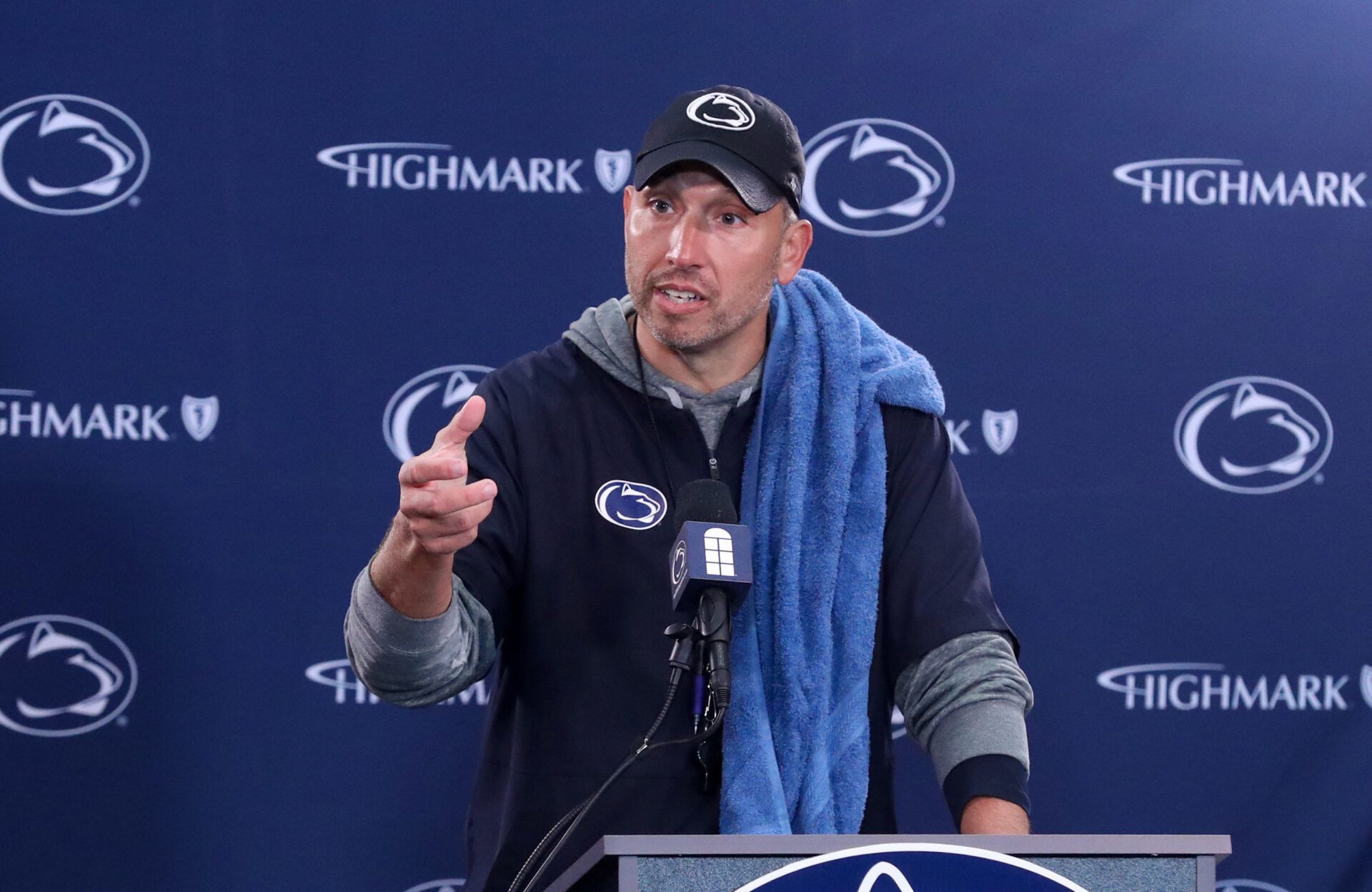 Penn State Nittany Lions head coach Matt Campbell answers questions from the media following the Penn State Blue-White Spring game at Beaver Stadium.