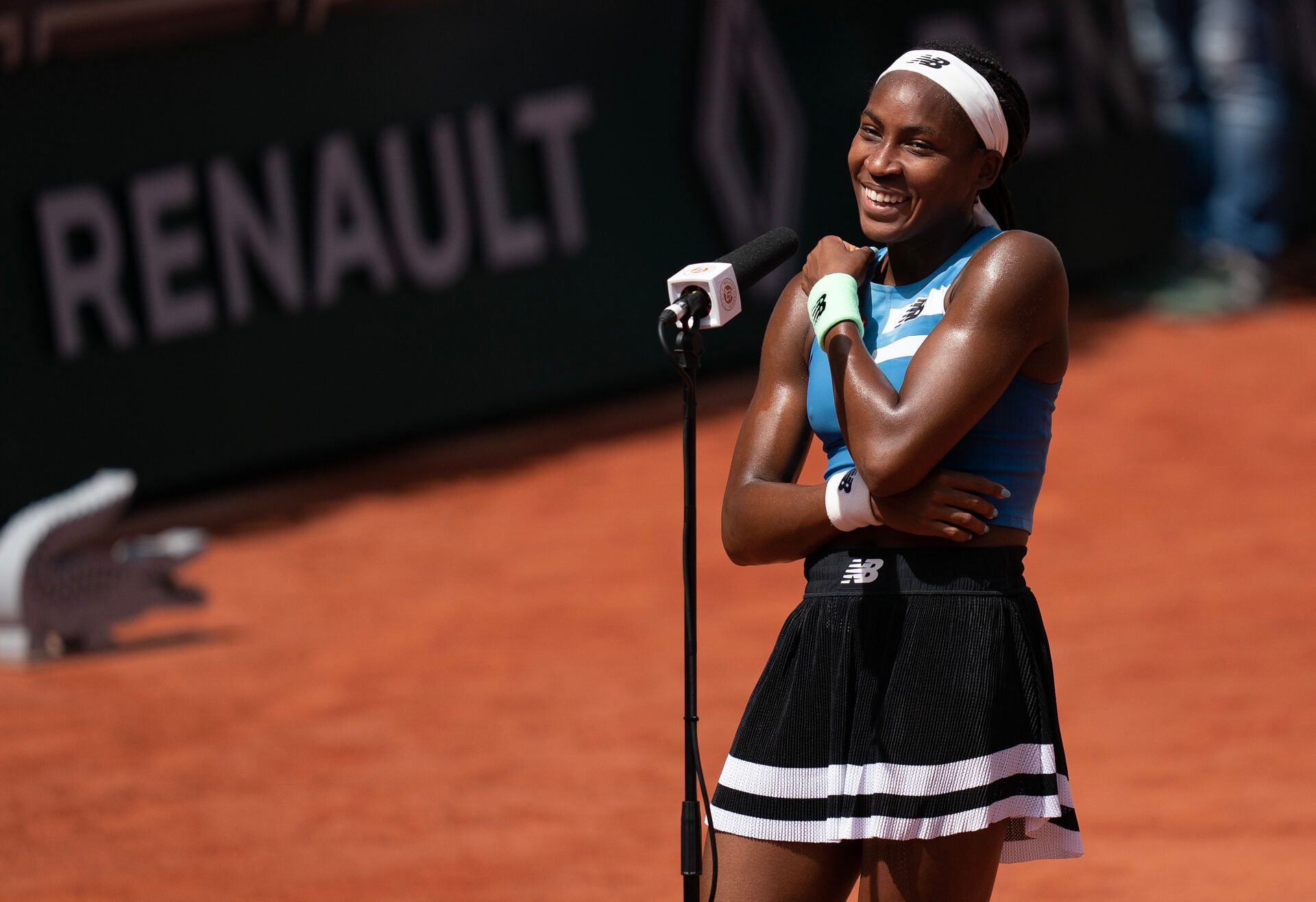 Coco Gauff (USA) speaks during her Goncourt interview after a match against Rebeka Masarova (SUI) on day three at Stade Roland-Garros.