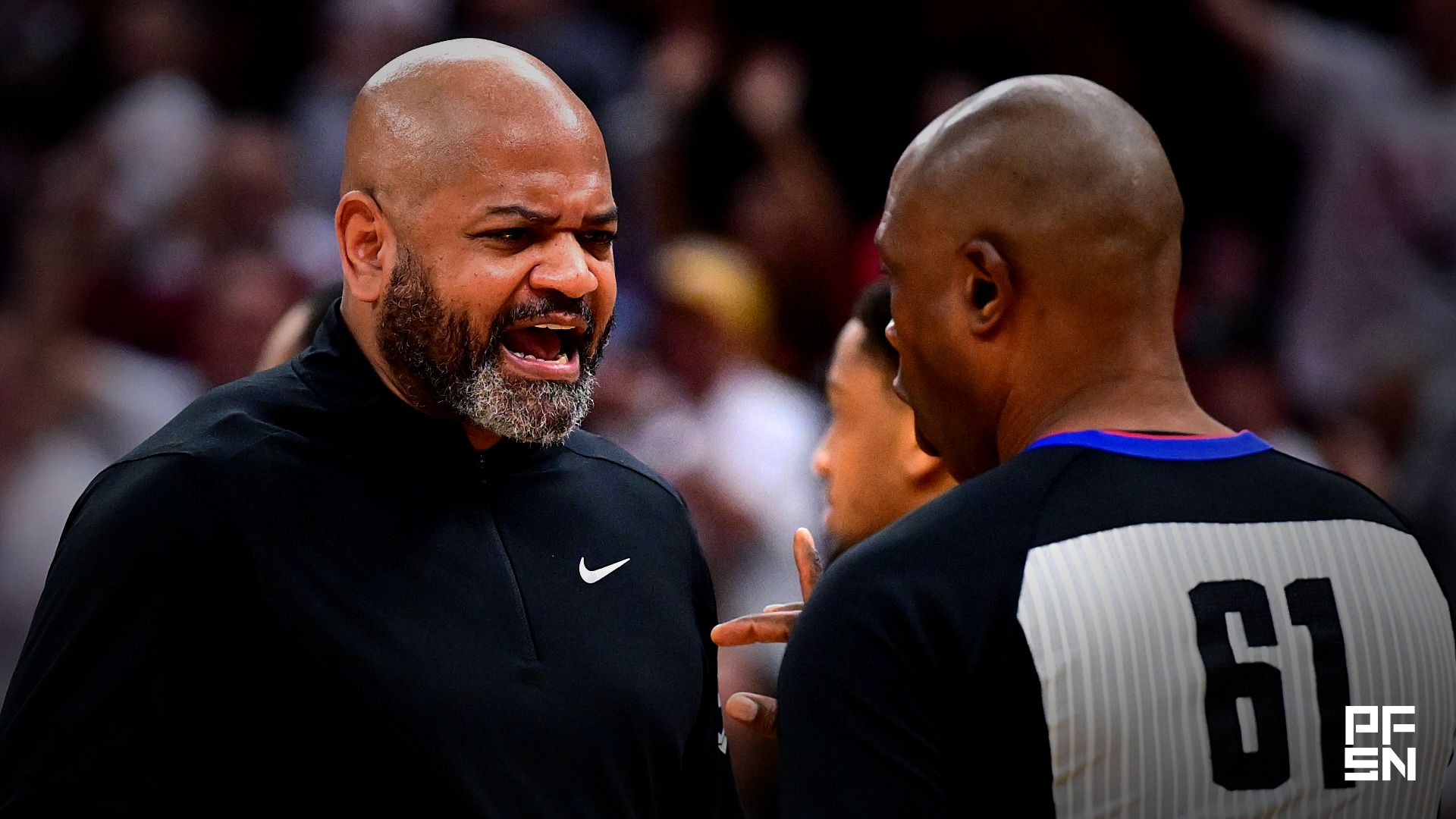 Detroit Pistons head coach J.B. Bickerstaff argues a call with referee Courtney Kirkland (61) during the first half of game three in the second round of the 2026 NBA Playoffs at Rocket Arena.