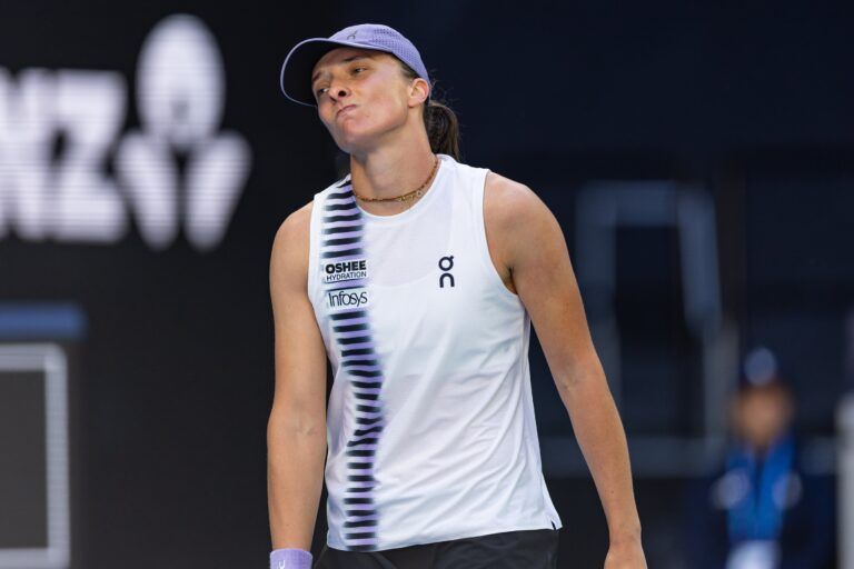 Iga Swiatek of Poland in action against Marie Bouzkova of Czech Republic in the second round of the womens singles at the Australian Open at John Cain Arena in Melbourne Park.