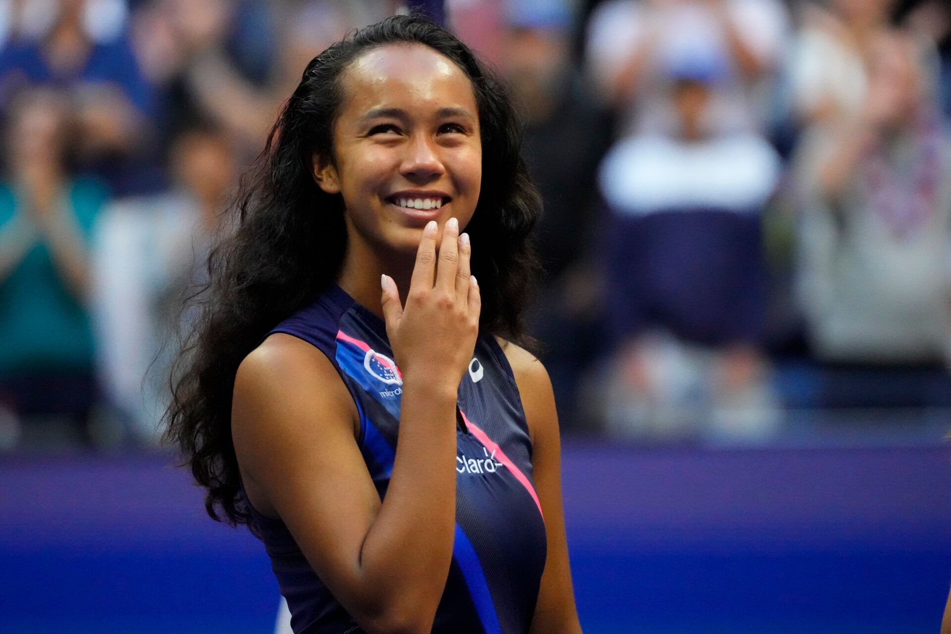 Leylah Fernandez of Canada reacts during the trophy presentation after her match against Emma Raducanu of Great Britain (not pictured) in the women's singles final on day thirteen of the 2021 U.S. Open tennis tournament at USTA Billie Jean King National Tennis Center.