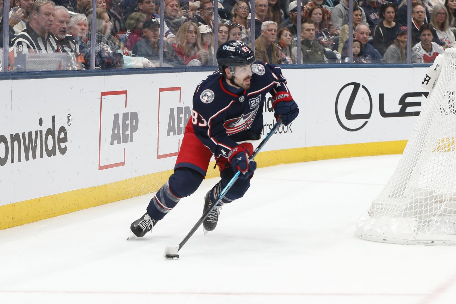 Columbus Blue Jackets right wing Conor Garland (83) looks to pass against the Seattle Kraken during the second period at Nationwide Arena.