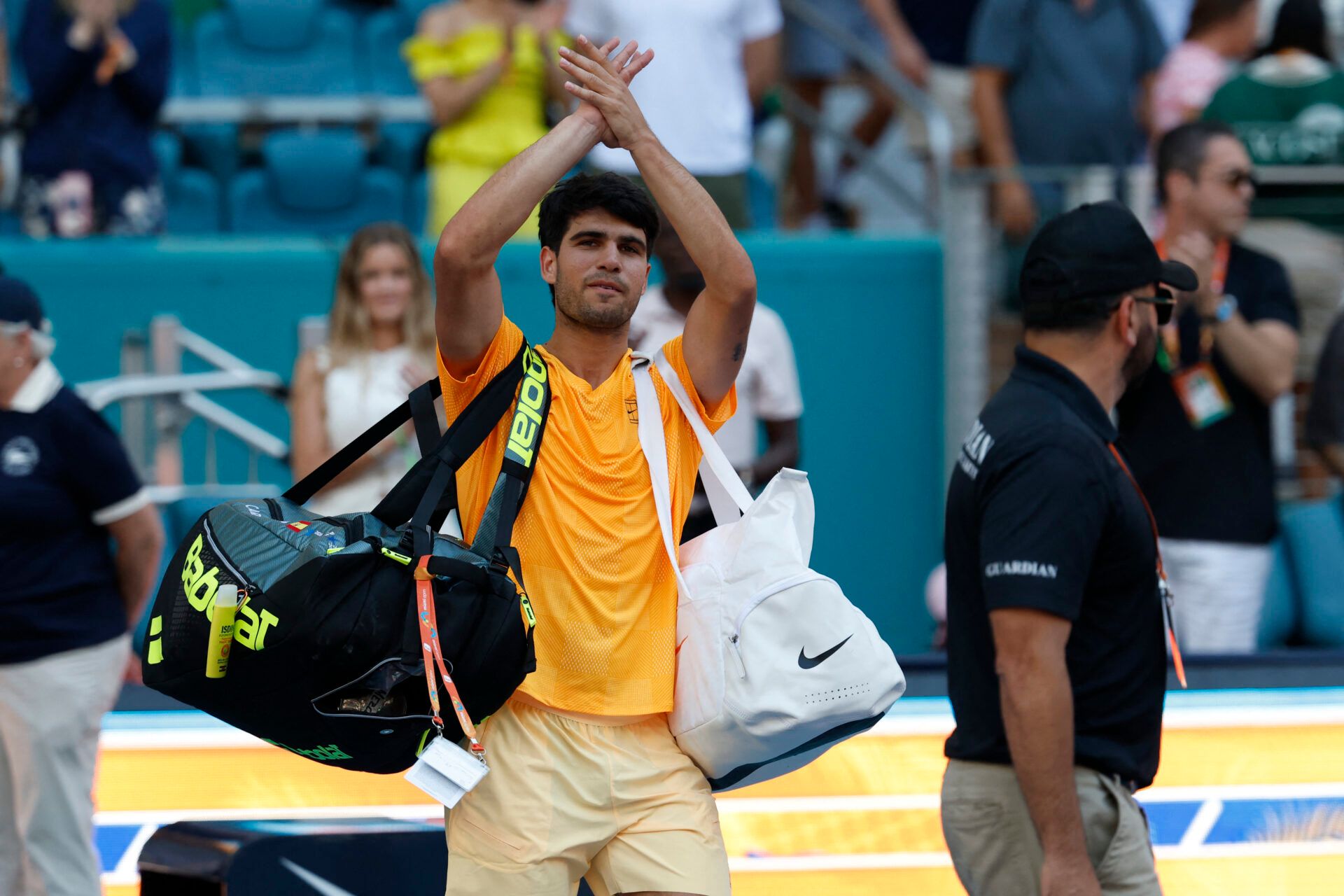 Carlos Alcaraz (ESP) acknowledges the fans while leaving the court after his match against Sebastian Korda (USA) (not pictured) on day six of the 2026 Miami Open at Hard Rock Stadium.