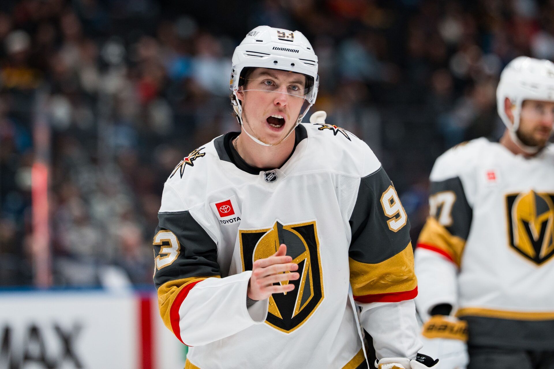 Vegas Golden Knights forward Mitch Marner (93) during a stop in play against the Vancouver Canucks in the third period at Rogers Arena.
