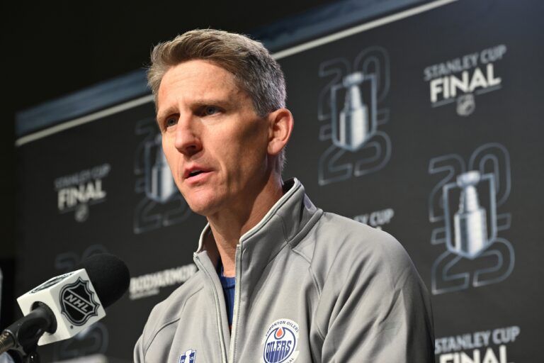Edmonton Oilers head coach Kris Knoblauch is seen during media day in advance of the 2025 Stanley Cup Final at Rogers Place.