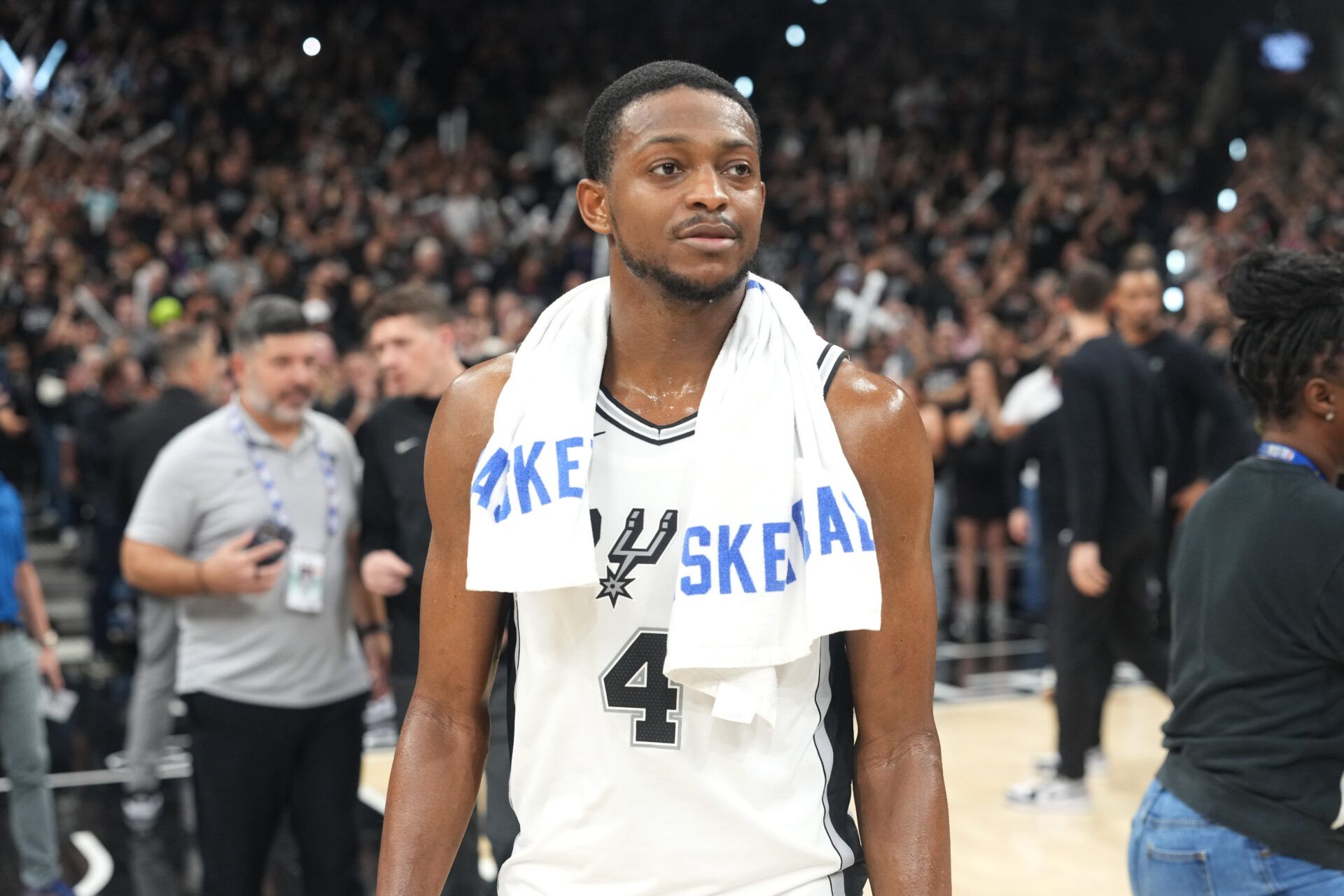 San Antonio Spurs guard De’Aaron Fox (4) after a victory over the Portland Trail Blazers in game five of the first round of the 2026 NBA Playoffs at Frost Bank Center.