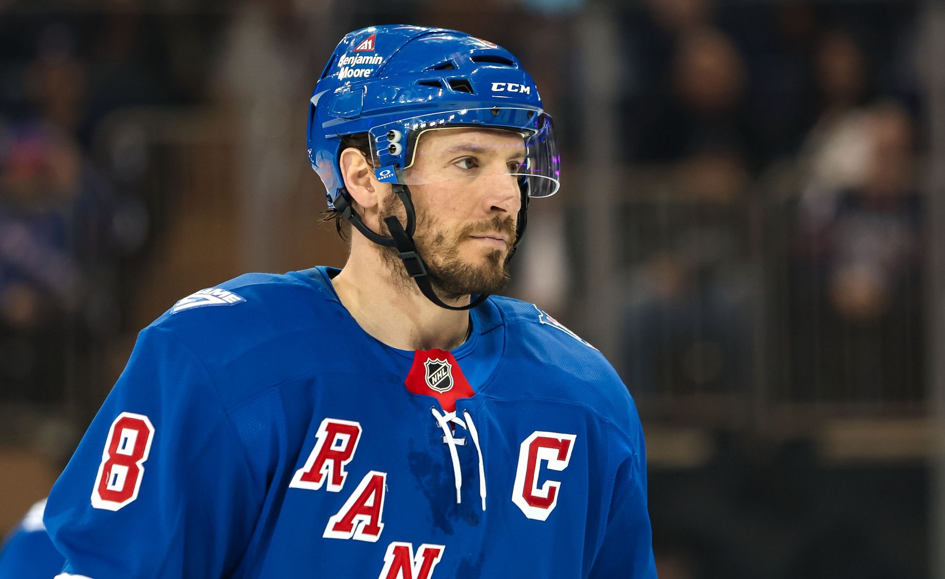 New York Rangers center J.T. Miller (8) skates against the Washington Capitals during the second period at Madison Square Garden.