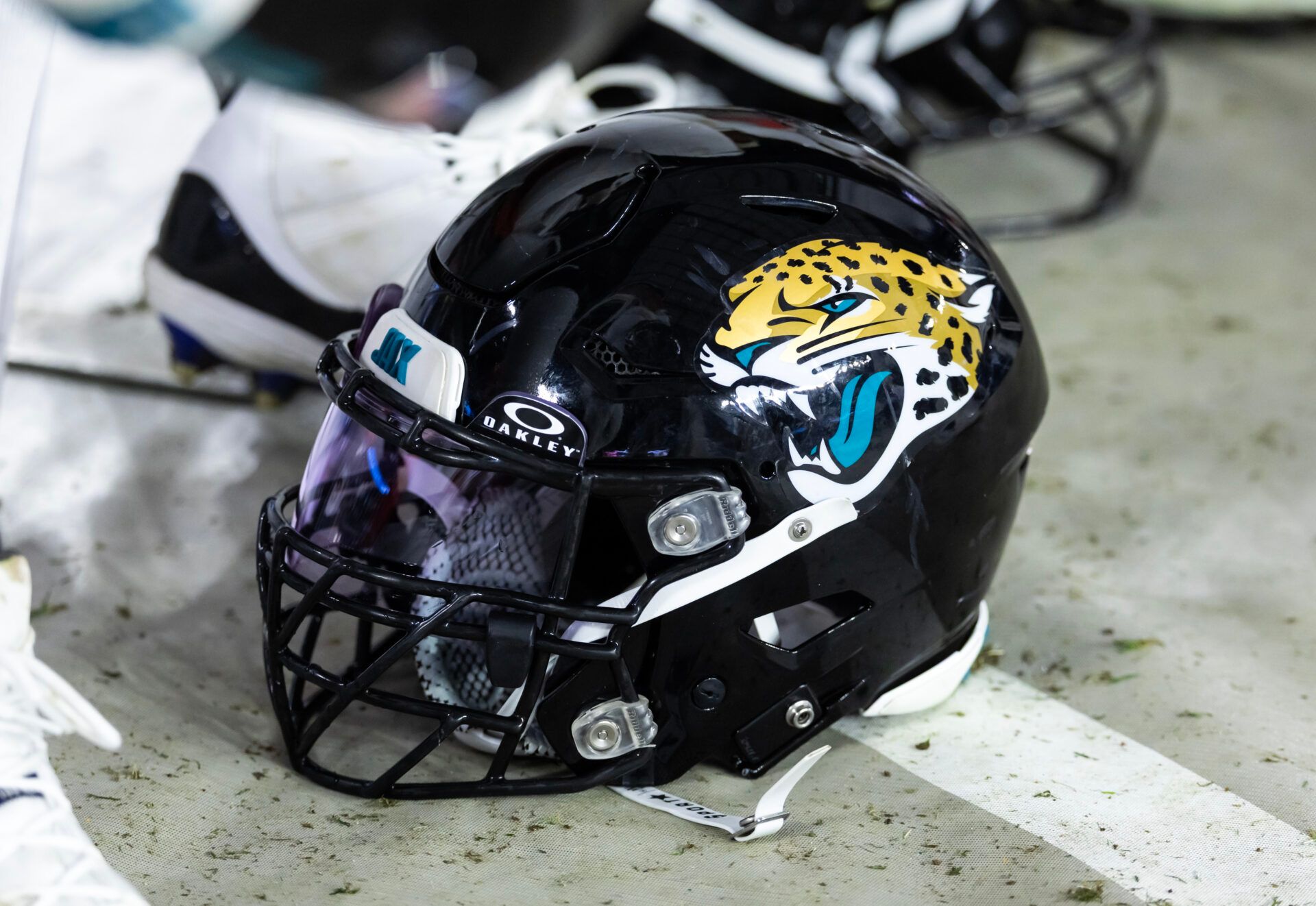Detailed view of a Jacksonville Jaguars helmet at State Farm Stadium.