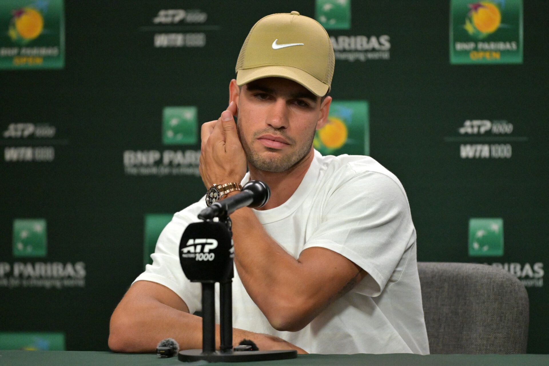 Carlos Alcaraz (ESP) speaks to the media at a news conference during the BNP Paribas Open at the Indian Wells Tennis Garden.