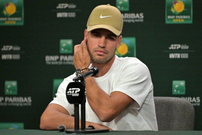 Carlos Alcaraz (ESP) speaks to the media at a news conference during the BNP Paribas Open at the Indian Wells Tennis Garden.