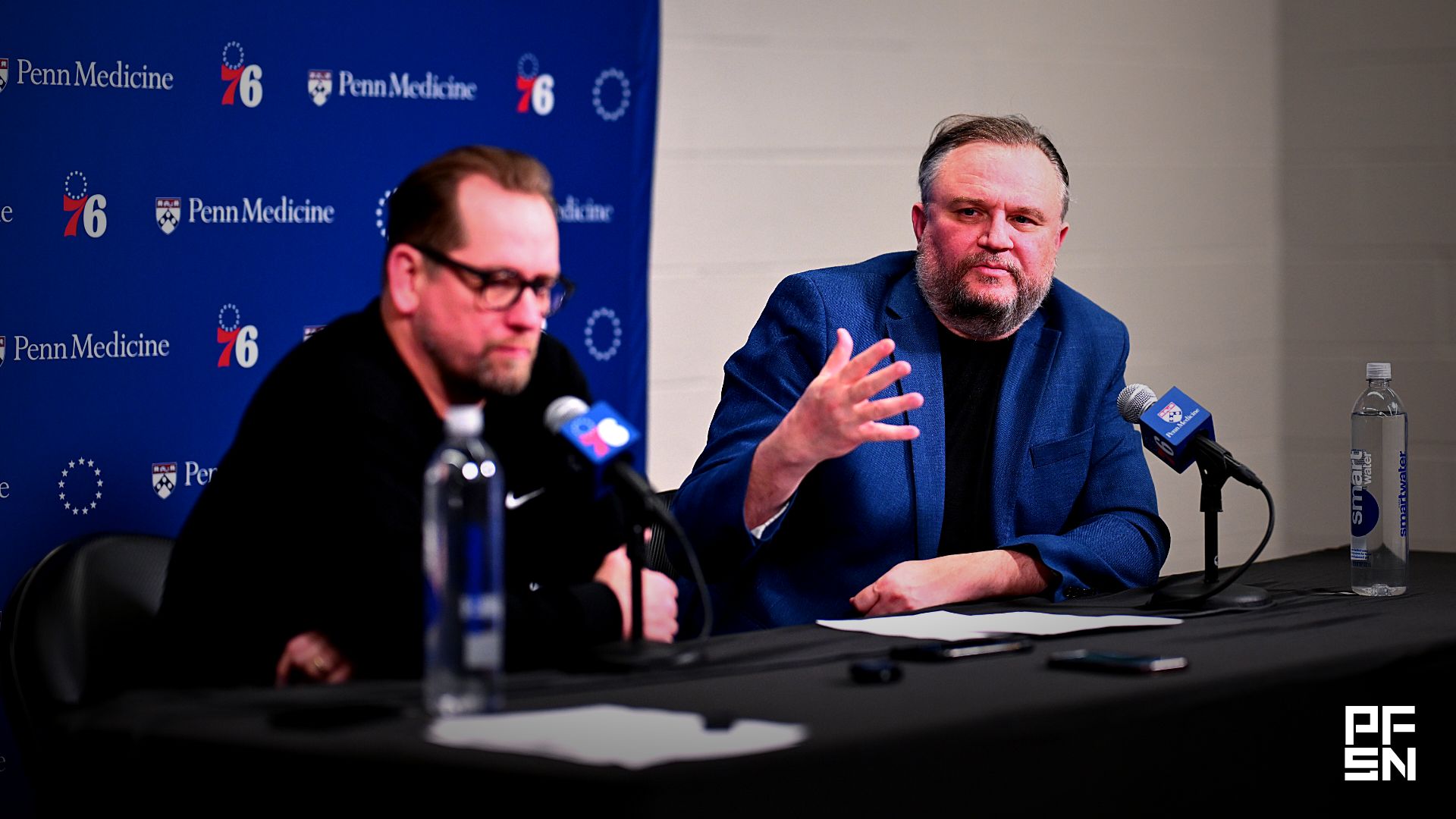 Philadelphia 76ers president of basketball operations Daryl Morey addresses the media with head coach Nick Nurse after the game against the Chicago Bulls at Wells Fargo Center.
