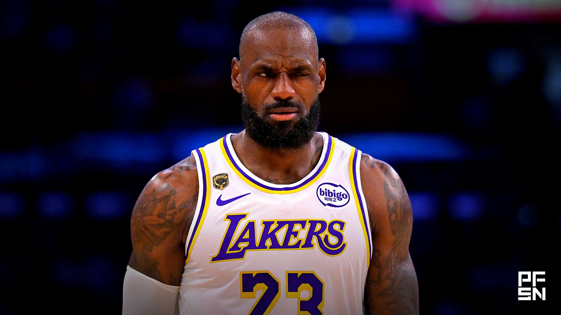 Los Angeles Lakers forward LeBron James (23) reacts after a foul in game three of the second round of the 2026 NBA Playoffs against the Oklahoma City Thunder at Crypto.com Arena.