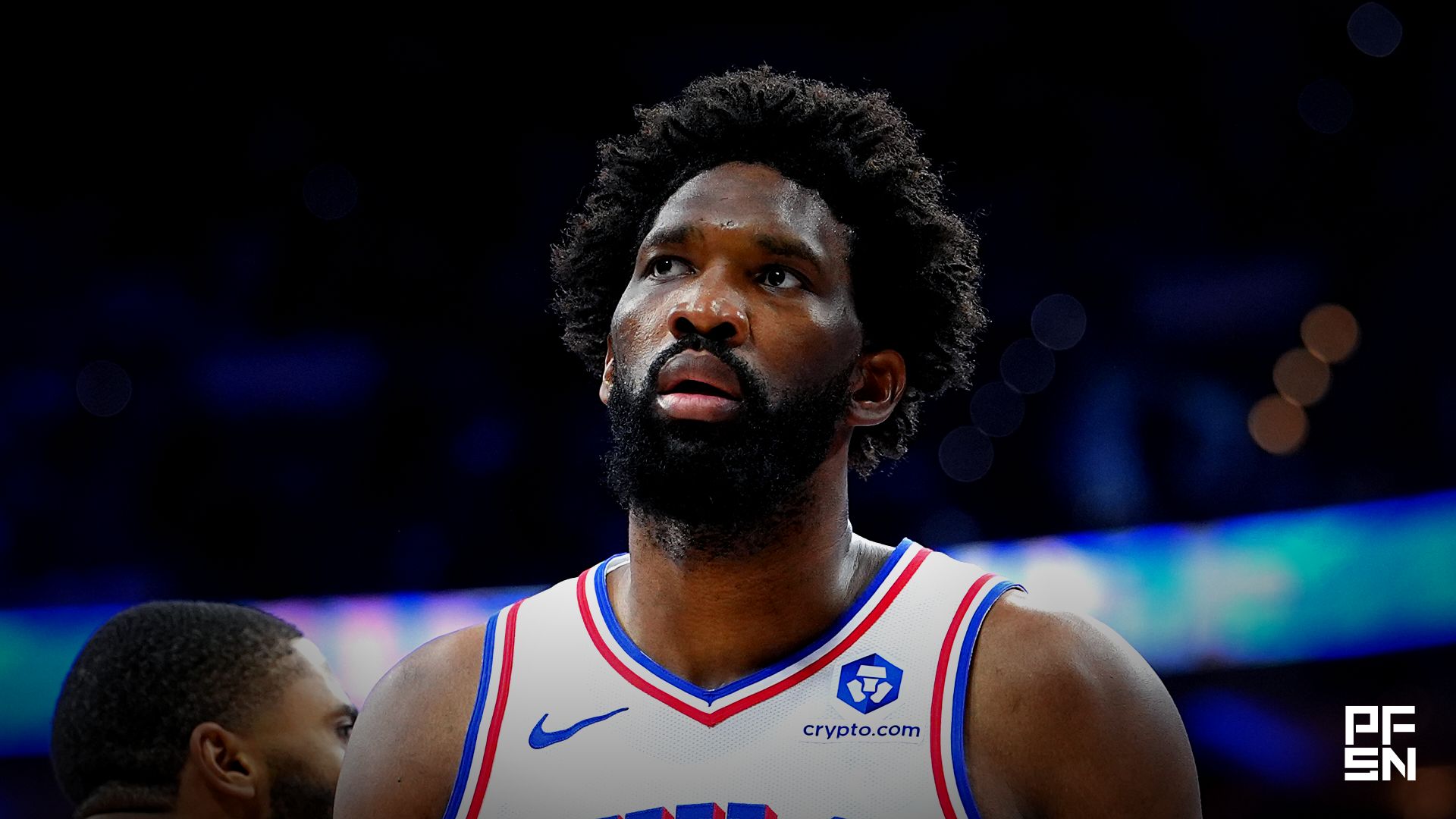 Philadelphia 76ers center Joel Embiid (21) reacts against the New York Knicks in the first quarter during game four of the second round of the 2026 NBA Playoffs at Xfinity Mobile Arena.