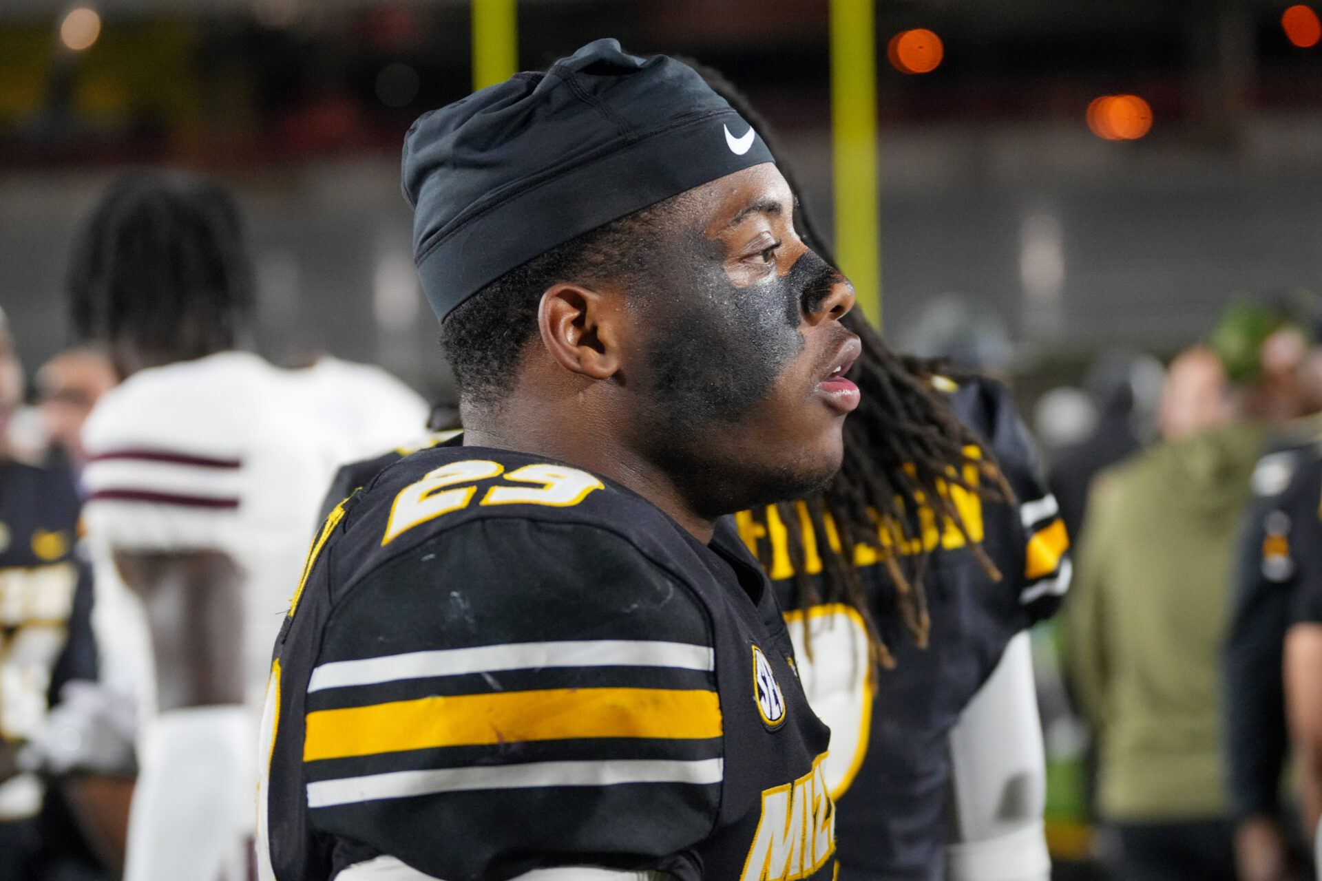 Missouri Tigers running back Ahmad Hardy (29) on field after the win over the Mississippi State Bulldogs at Faurot Field at Memorial Stadium.
