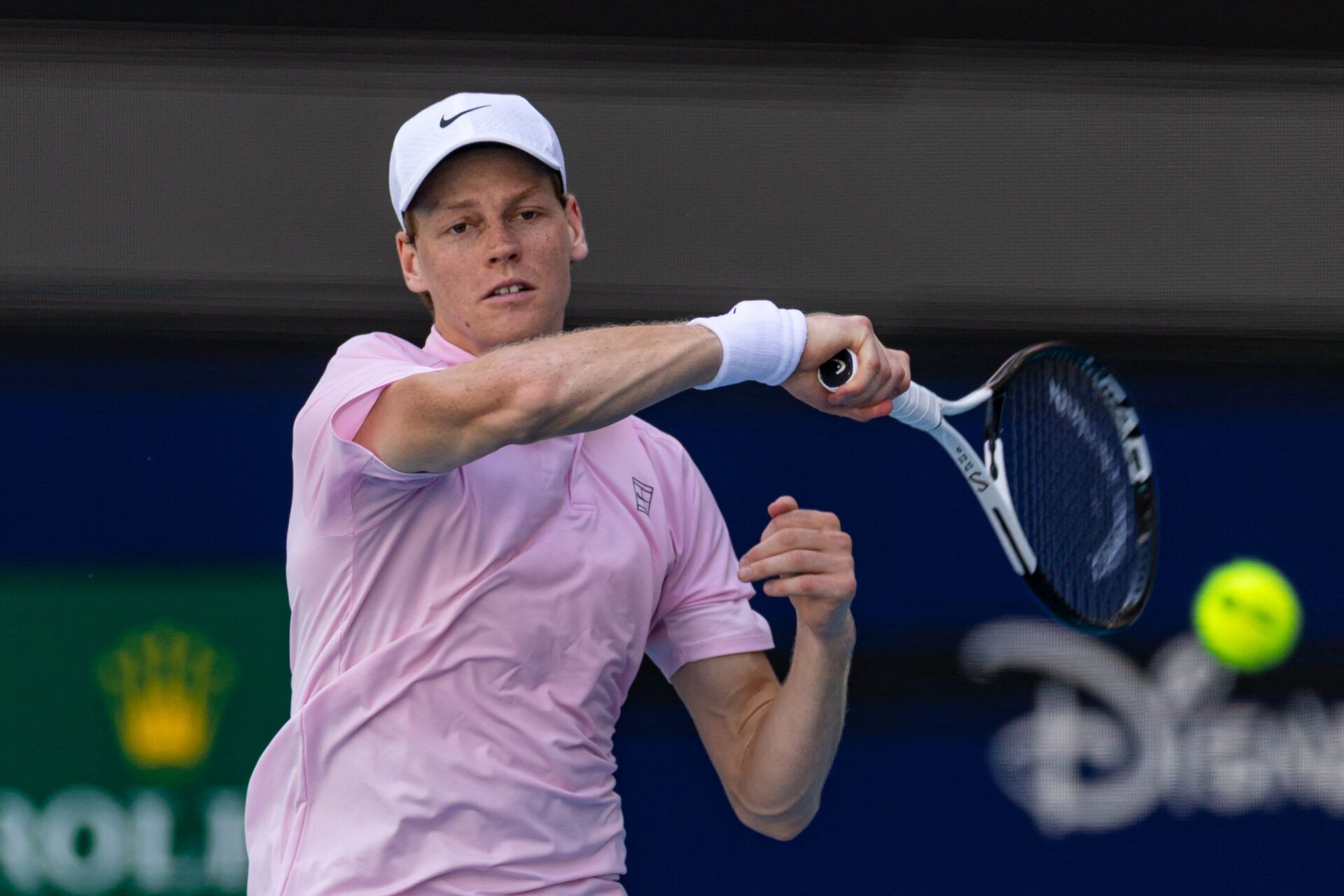 Jannik Sinner of Italy hits a shot against Frances Tiafoe of the United States in the quarter finals of the men’s singles at the Miami Open at Hard Rock Stadium.