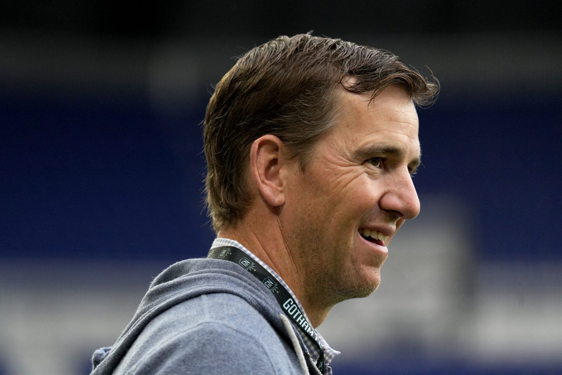 NJ/NY Gotham FC minority owner Eli Manning looks on before a 2024 NWSL Playoffs quarterfinal match against Portland Thorns FC at Red Bull Arena.